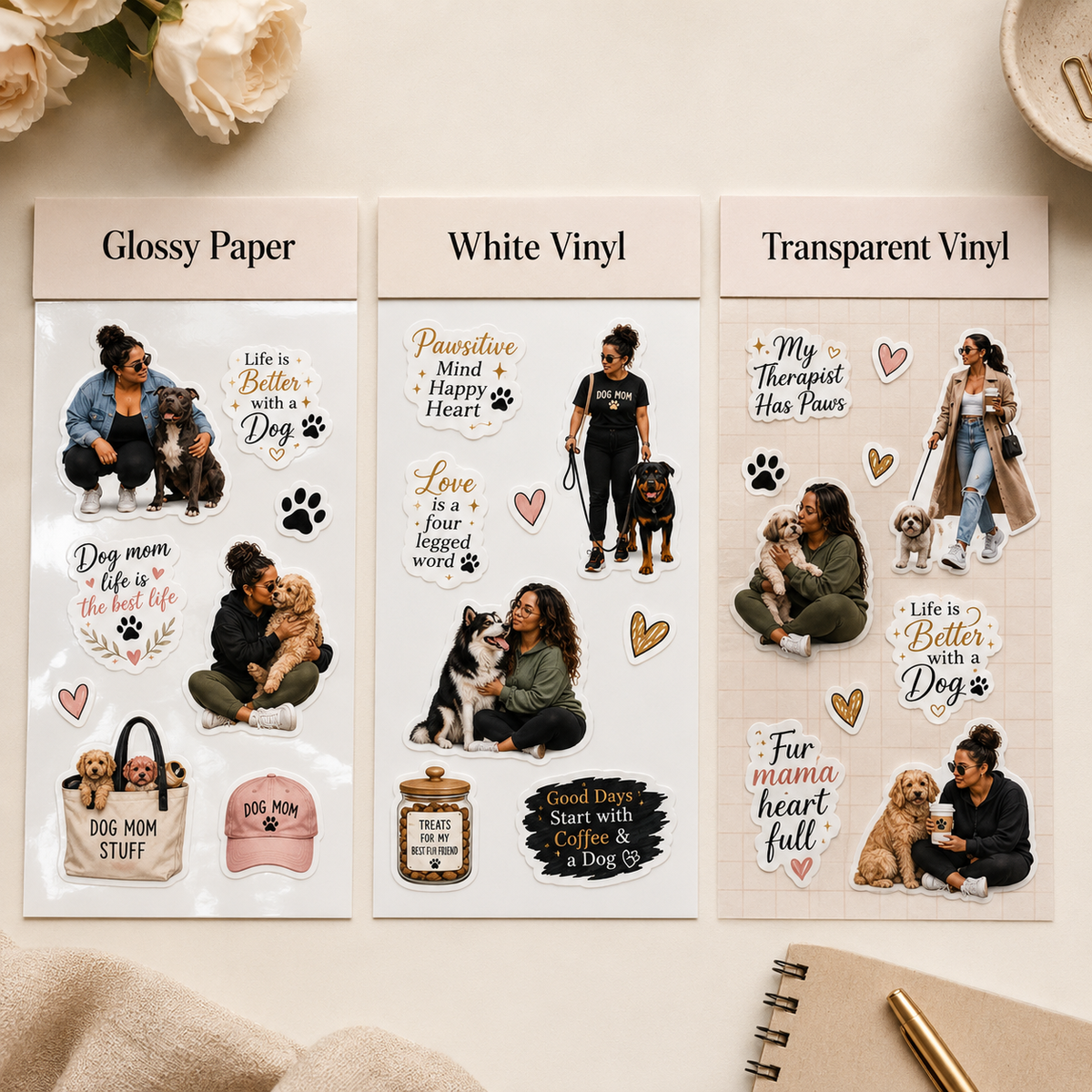 Dog Lover stickers in Glossy Paper White Vinyl and Transparent Vinyl