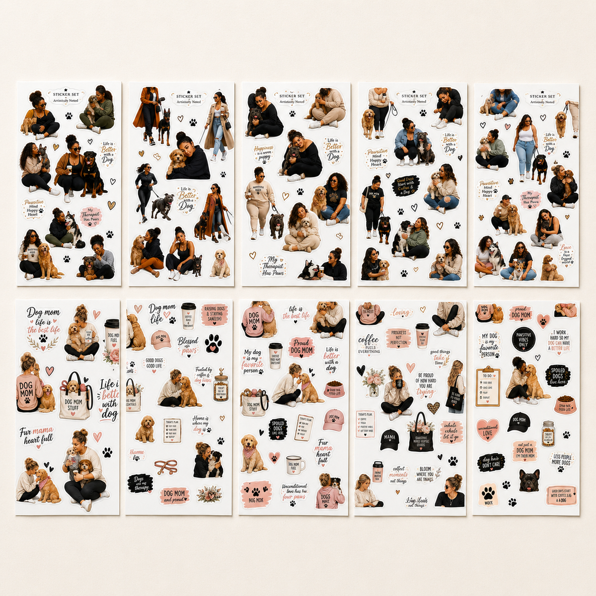 Ten Dog Lover and Dog Mum sticker sheet designs overview