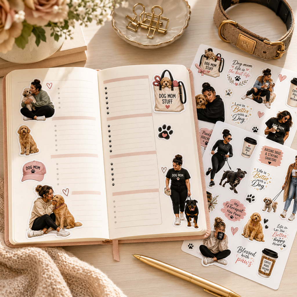 Dog Mum stickers used in a blush weekly journal