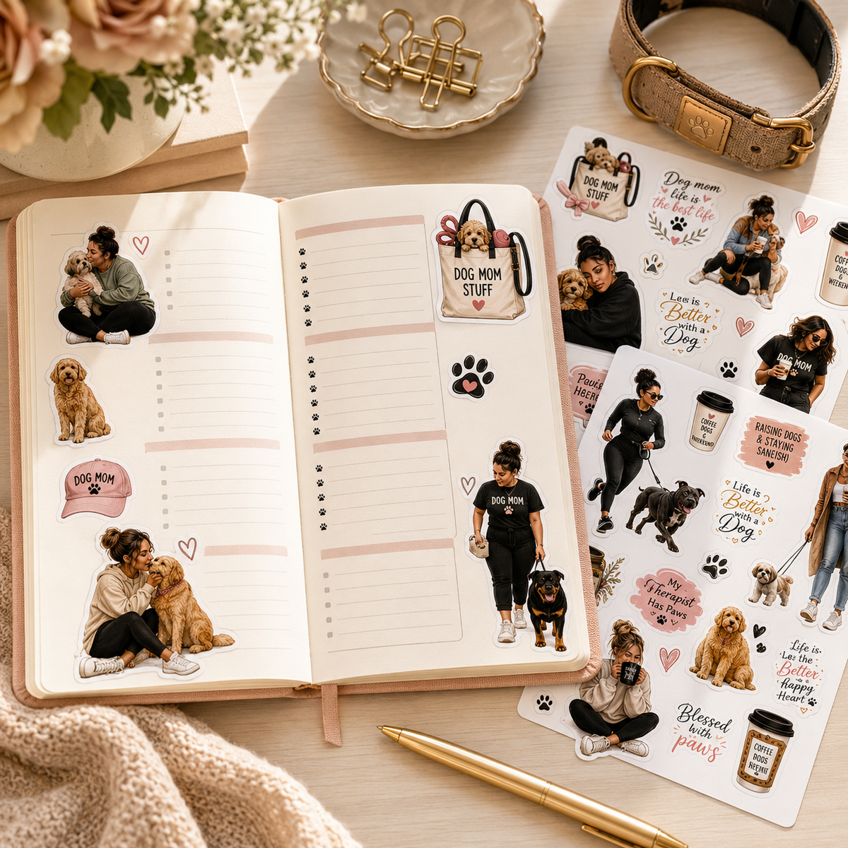 Dog Mum stickers used in a blush weekly journal