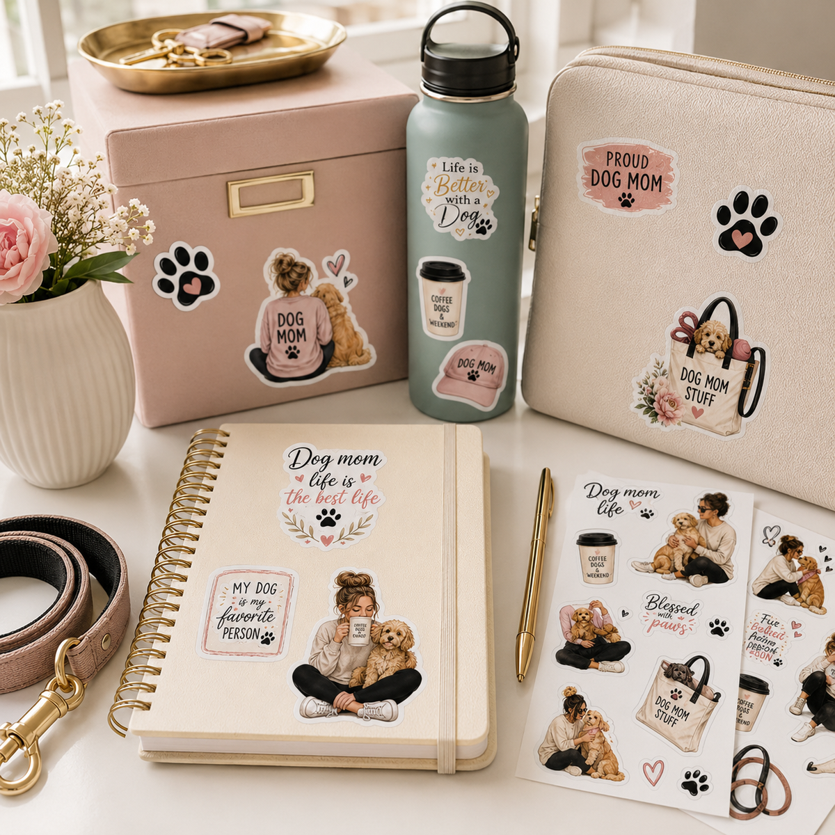Dog Mum stickers decorating journal bottle and stationery accessories