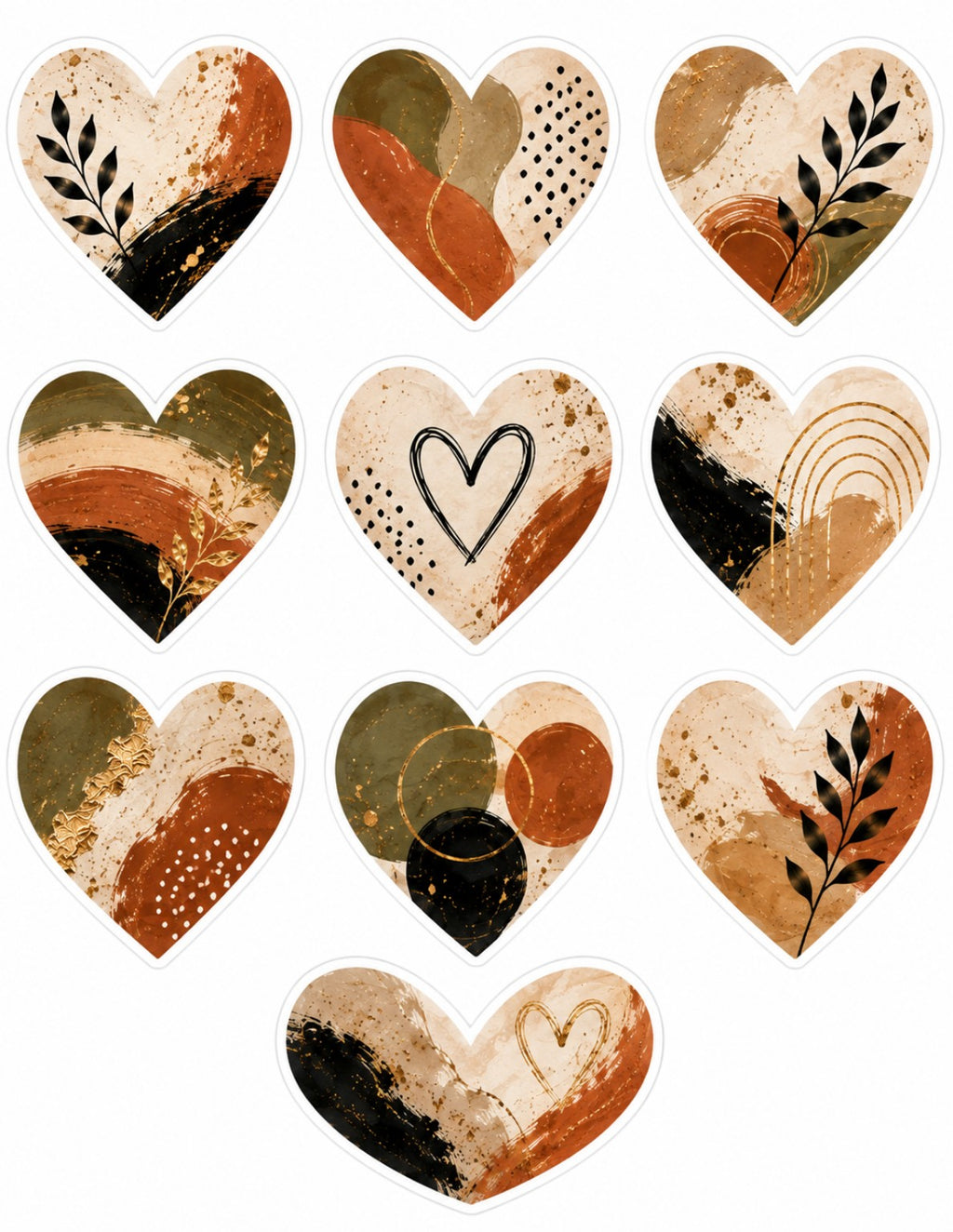 Earthy abstract heart sticker sheet in terracotta, cream, olive, black and gold.