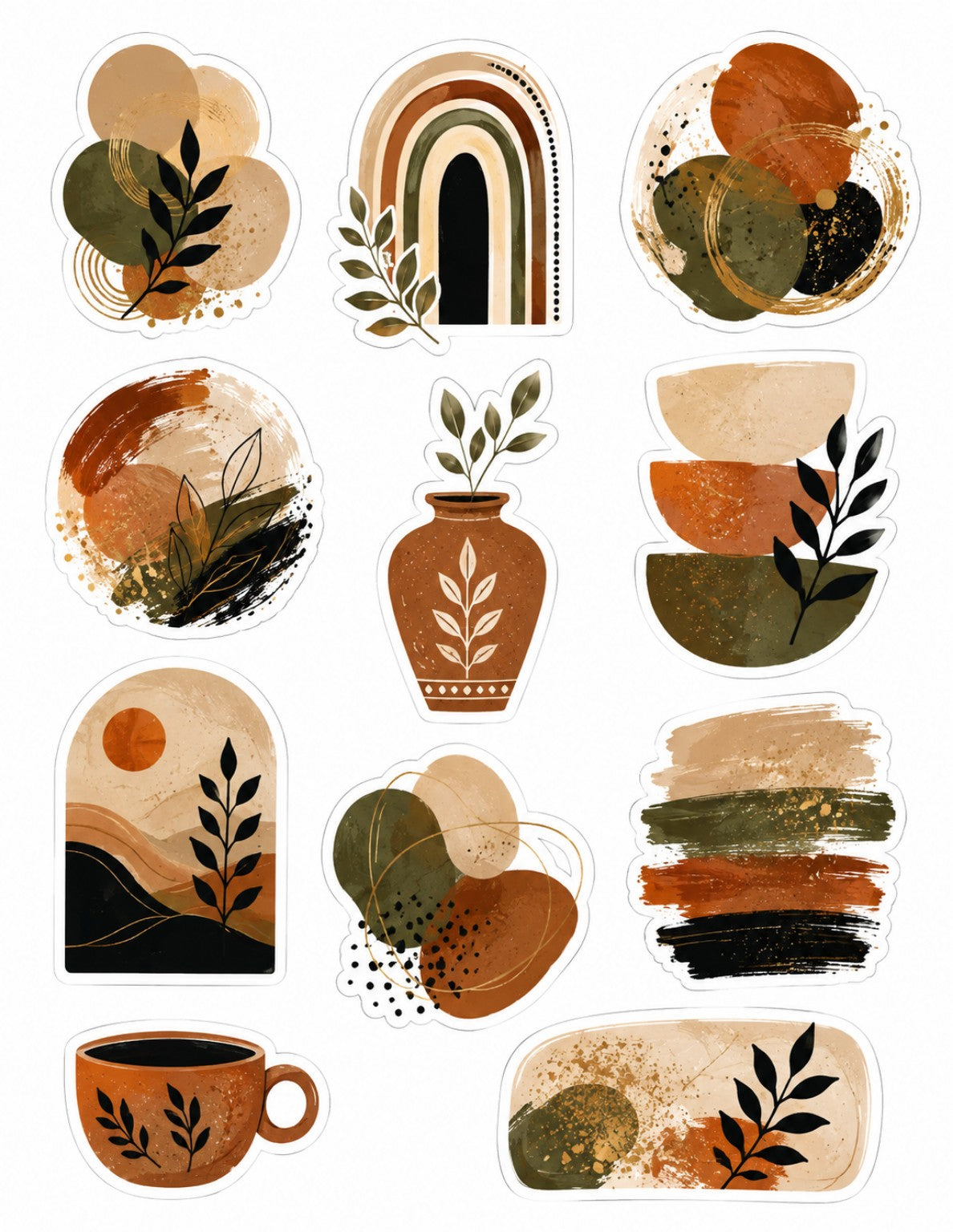 Boho botanical sticker sheet with abstract shapes, rainbows, pottery and leafy motifs.