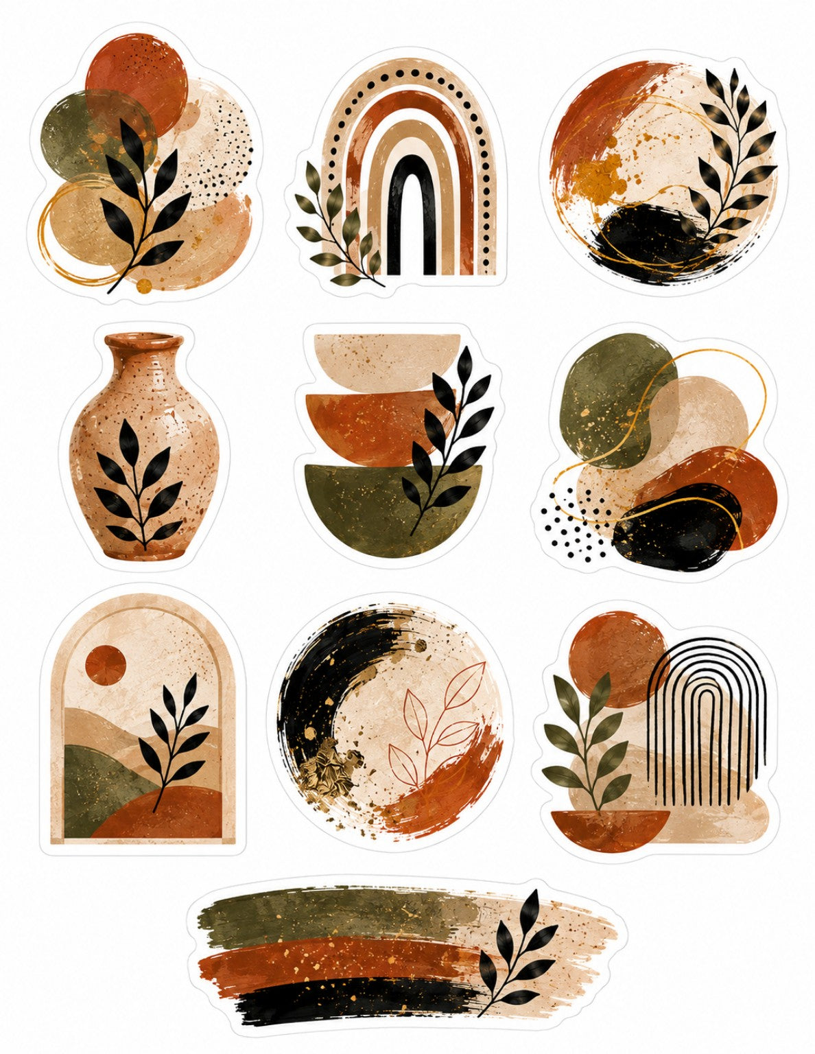 Second boho botanical sticker sheet with terracotta pottery, rainbows, leaves and abstract forms.