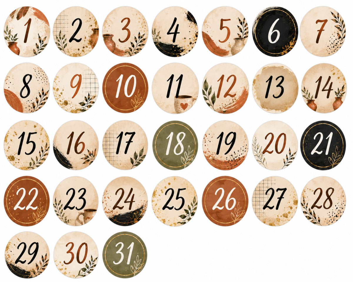 Earthy circular date number stickers from 1 to 31 in terracotta, cream, olive and black.