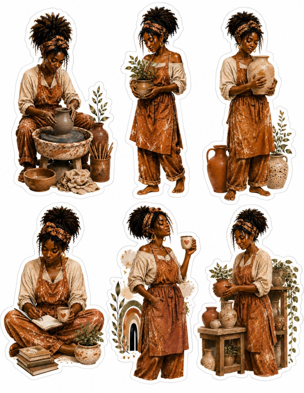 Black woman pottery artist sticker sheet with six calm studio and journalling scenes.