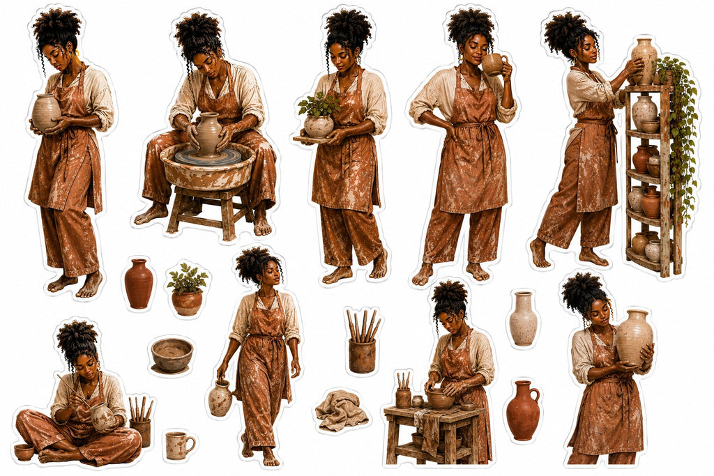 Black woman pottery artist sticker sheet with full-body studio scenes and handmade vessels.