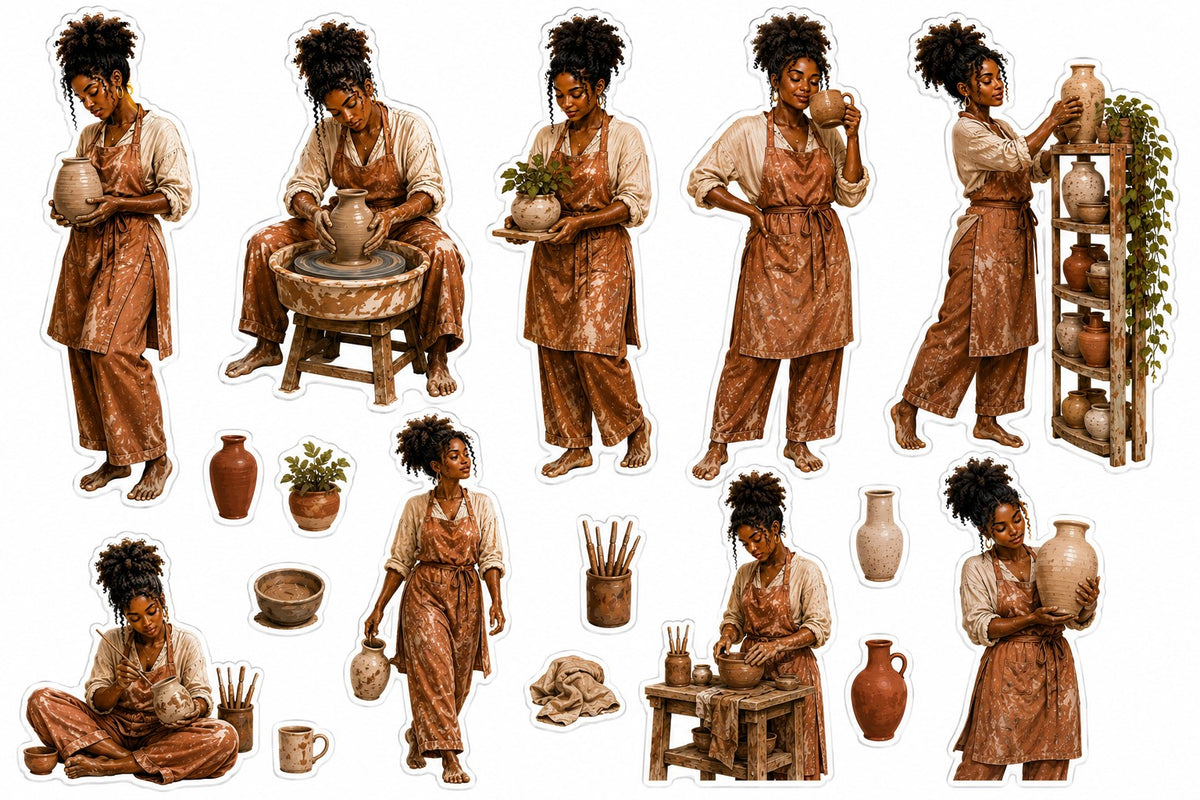 Black woman pottery artist sticker sheet with full-body studio scenes and handmade vessels.