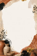 Earthy pottery journal page design with terracotta vessels, botanical leaves and abstract brushwork.
