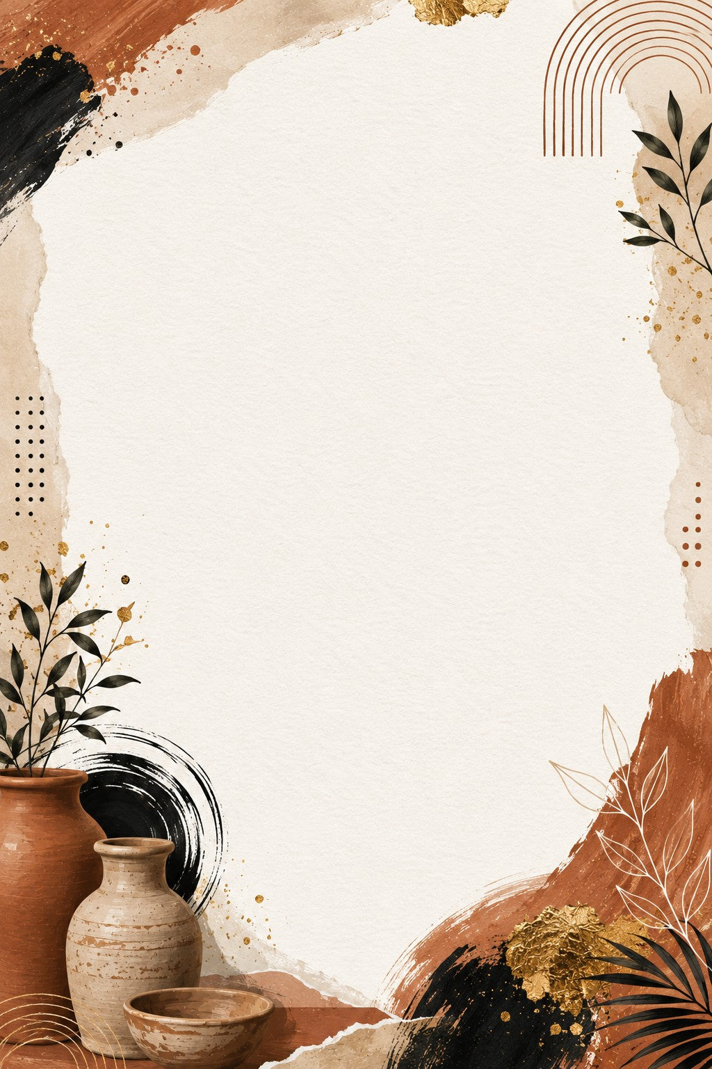 Earthy pottery journal page design with terracotta vessels, botanical leaves and abstract brushwork.