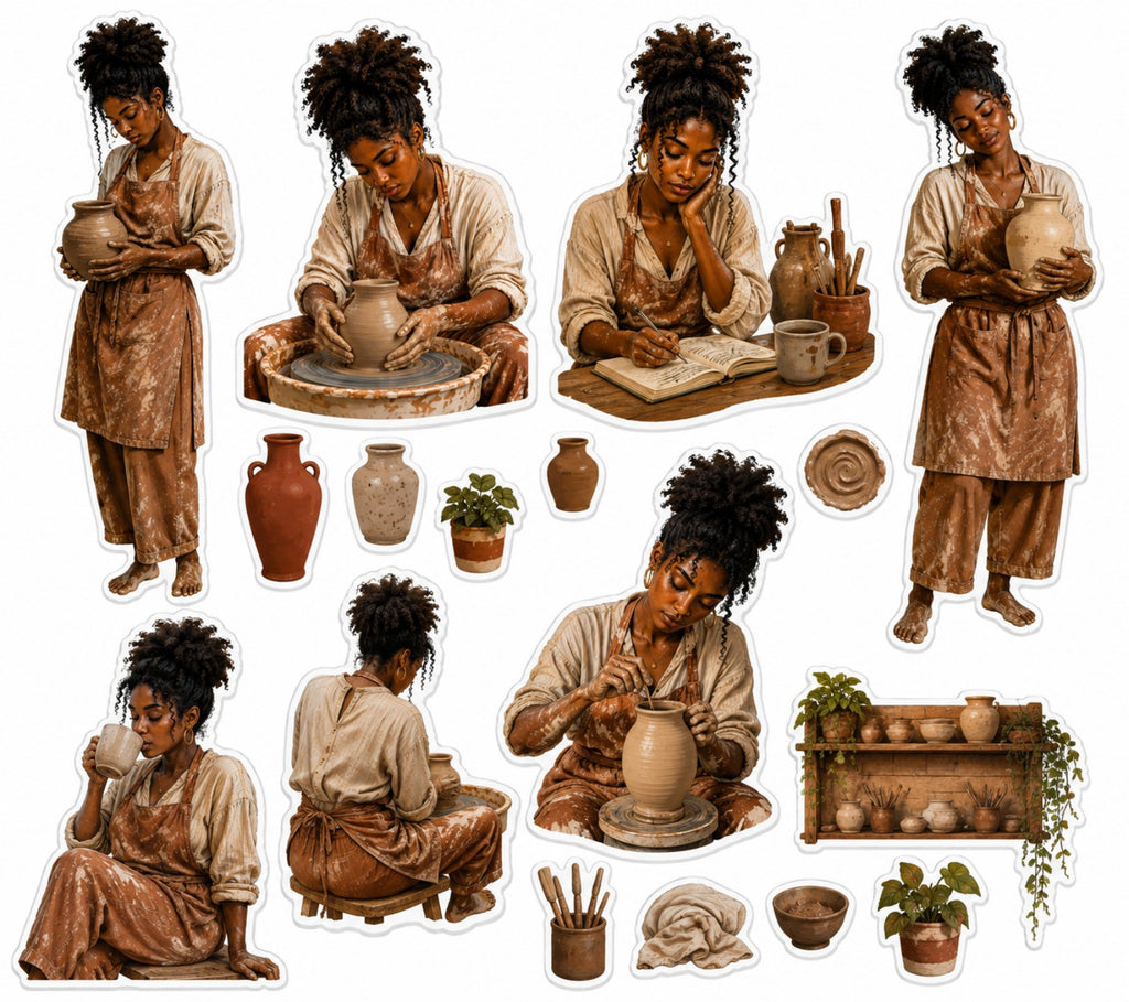 Black woman pottery artist sticker sheet with studio moments, plants, tools and ceramic vessels.