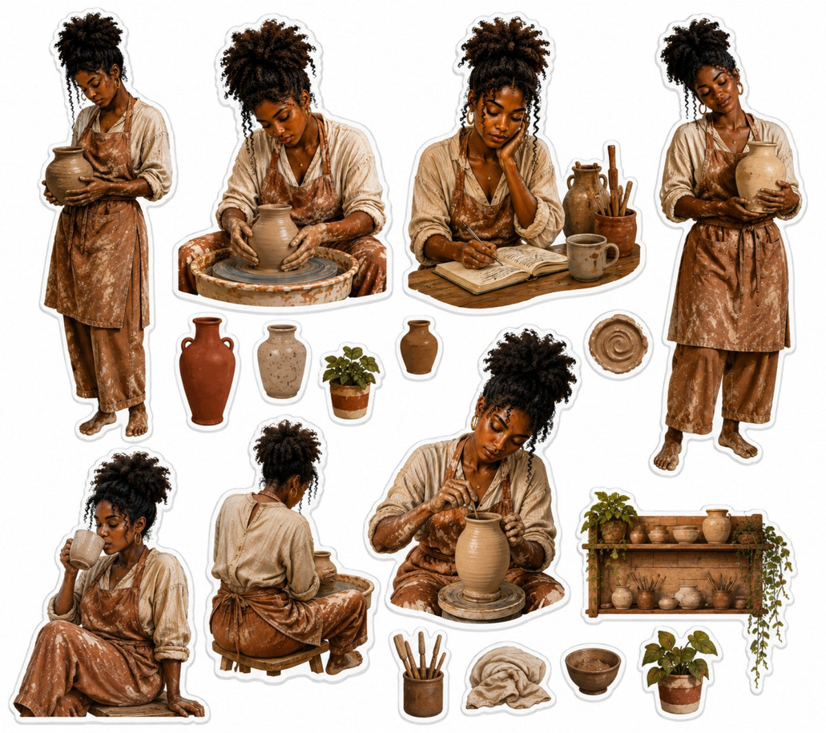 Black woman pottery artist sticker sheet with studio moments, plants, tools and ceramic vessels.