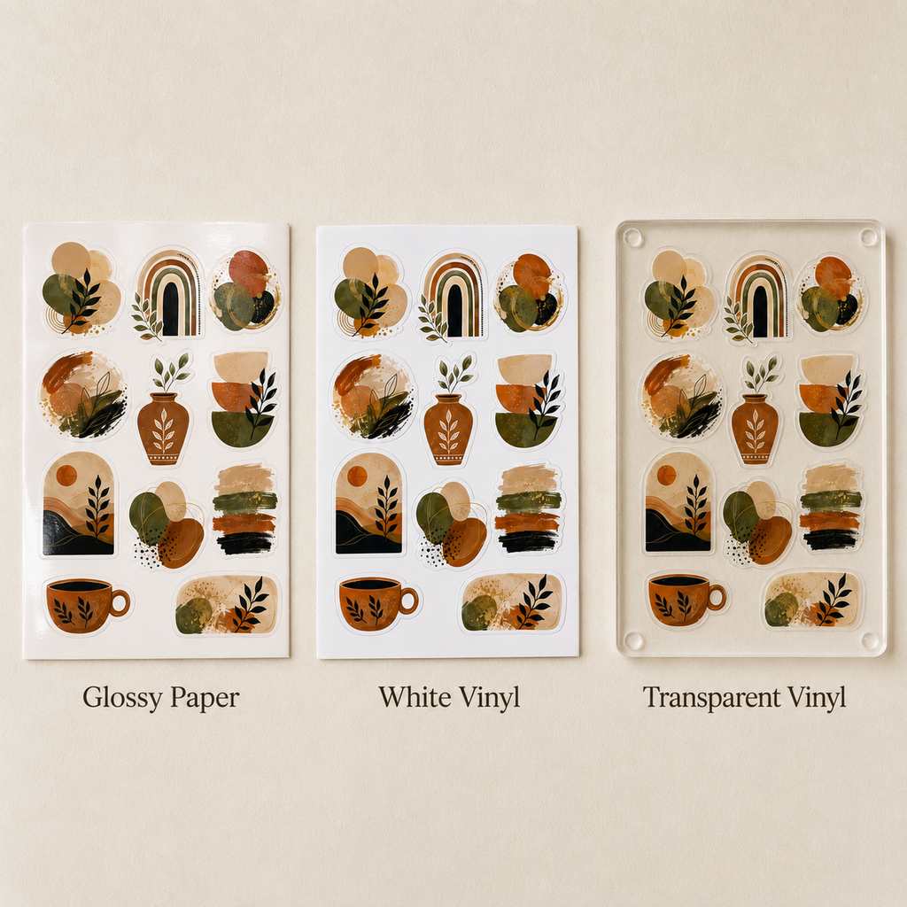 Earth and Clay sticker samples shown in Glossy Paper, White Vinyl and Transparent Vinyl finishes.