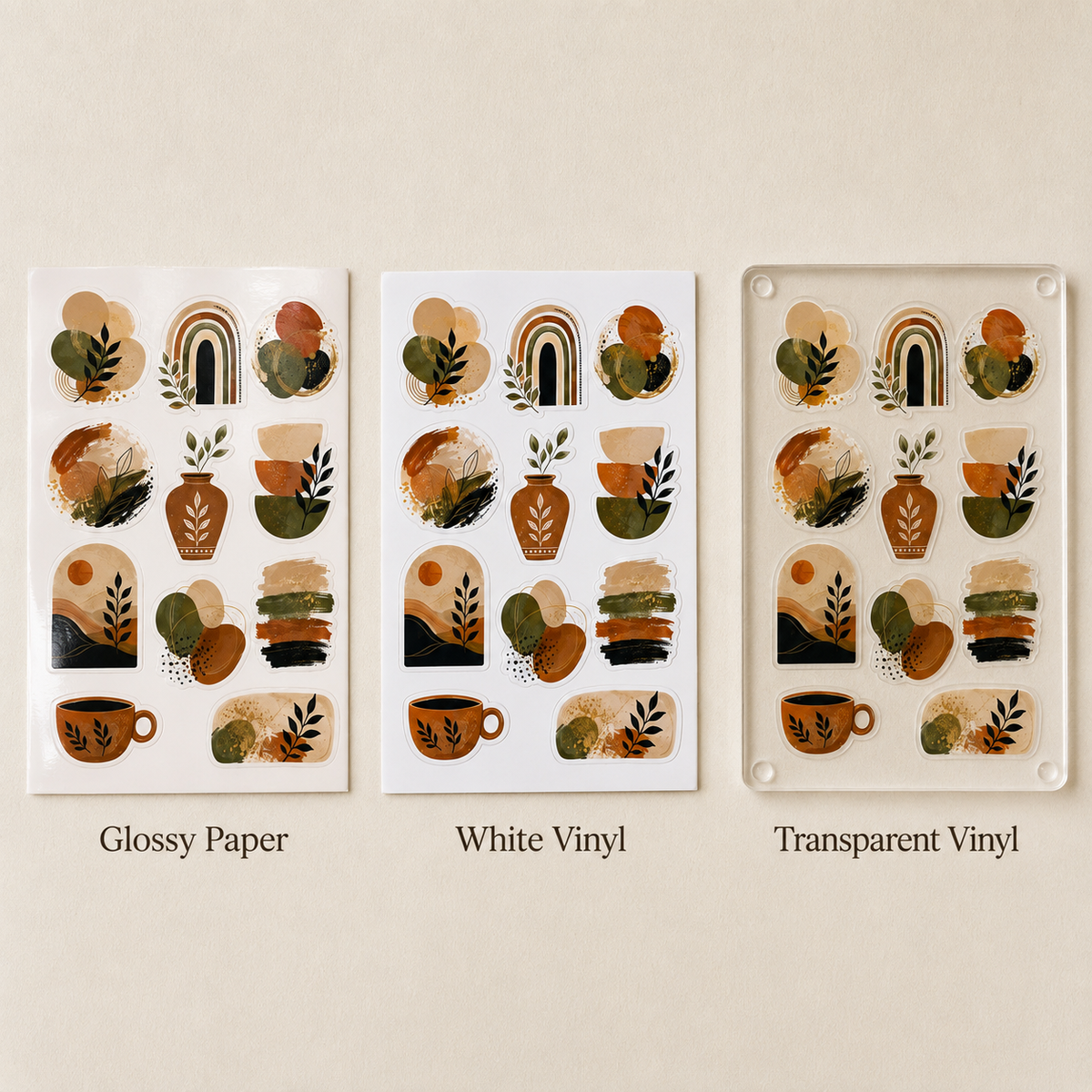 Earth and Clay sticker samples shown in Glossy Paper, White Vinyl and Transparent Vinyl finishes.