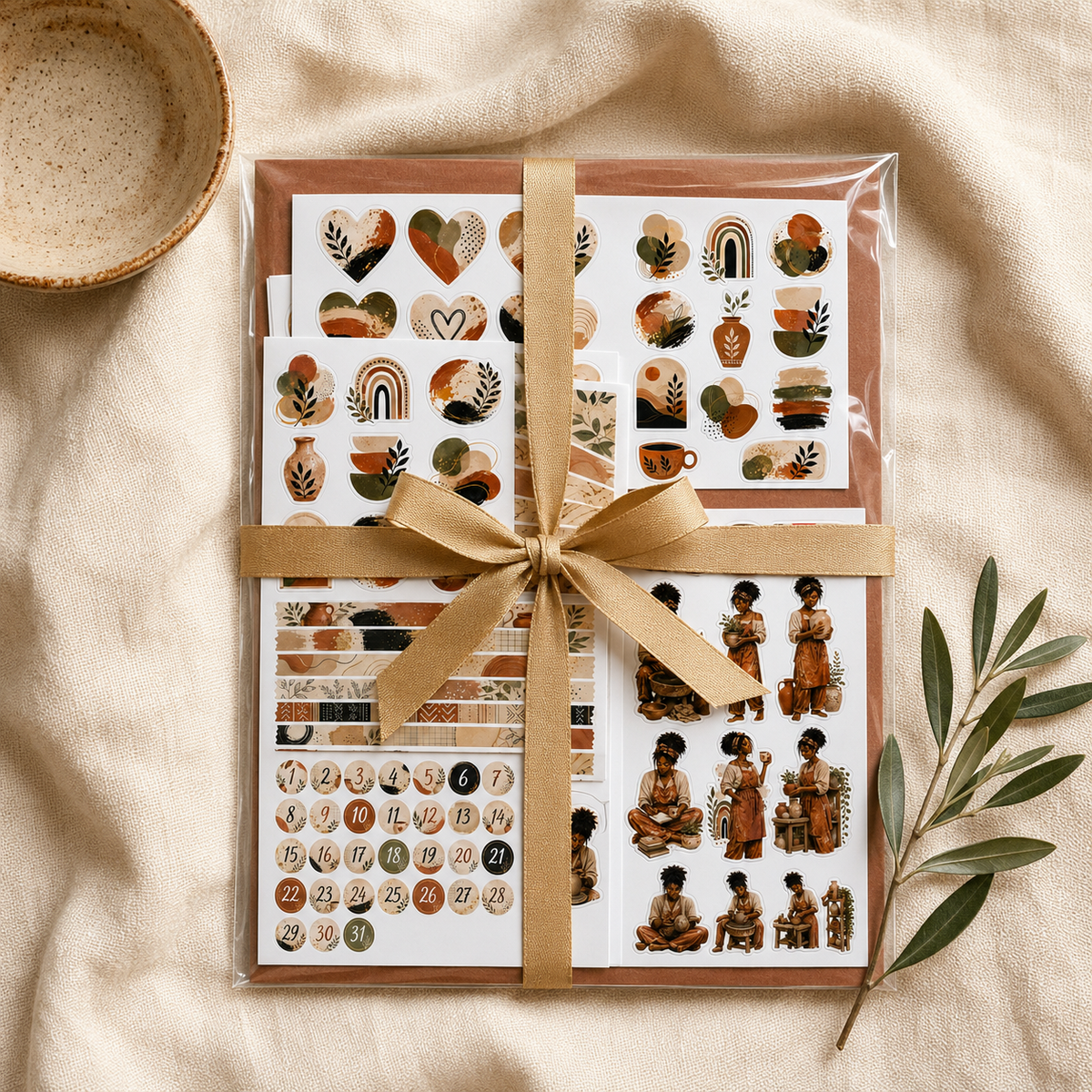 Gift-ready Earth and Clay pottery journal sticker collection in clear packaging with muted gold ribbon.