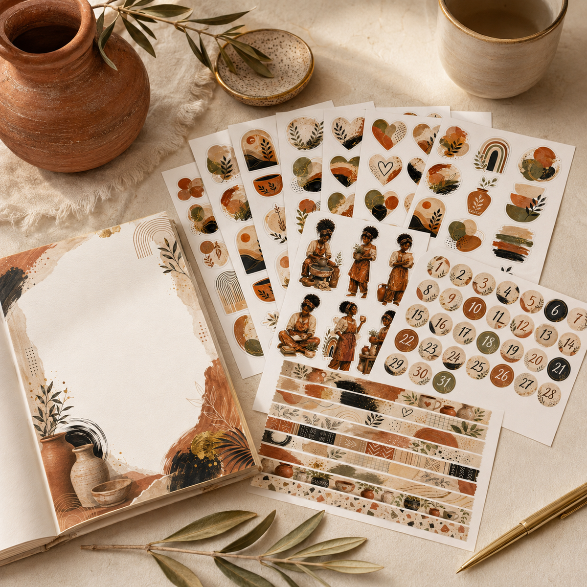 Earth and Clay pottery journal sticker collection styled on a warm cream desk with terracotta pottery and olive leaves.