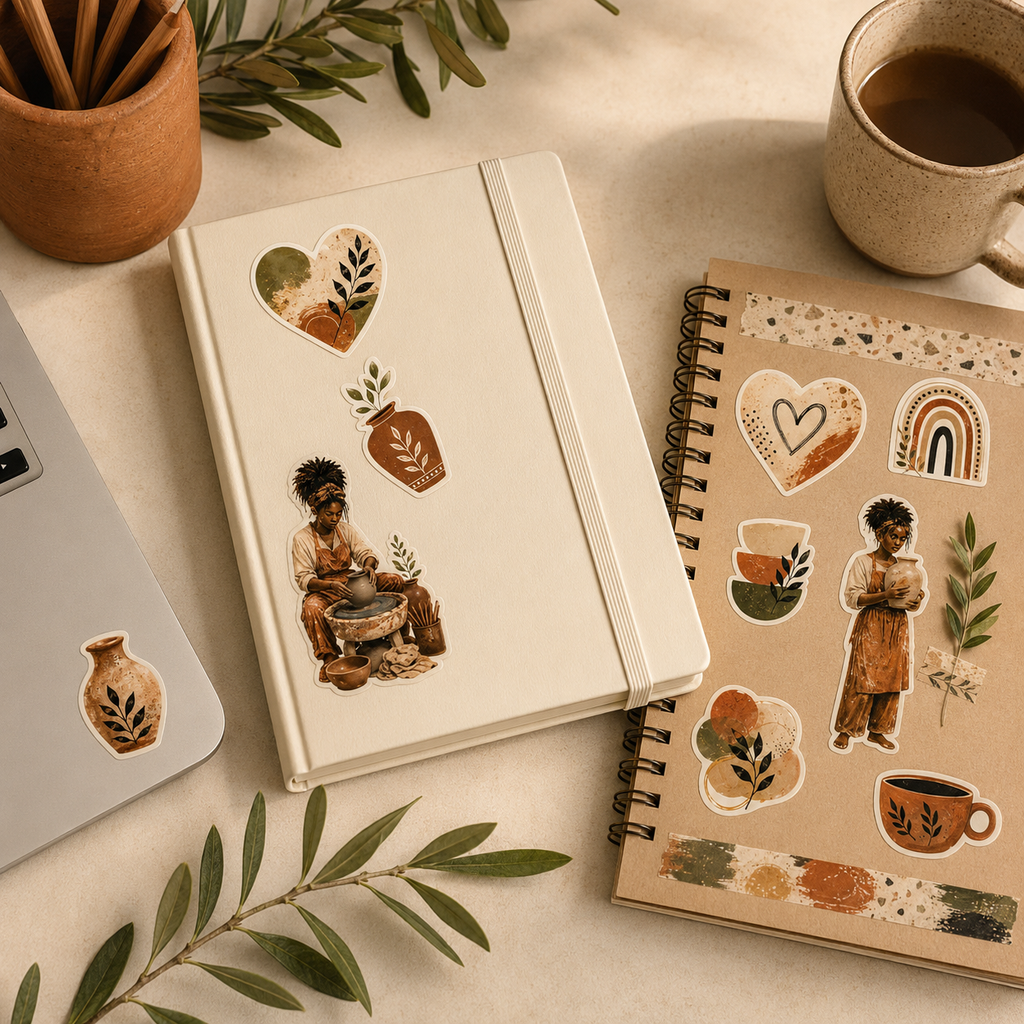Earth and Clay pottery stickers used on journals, a scrapbook and laptop in a warm creative desk scene.