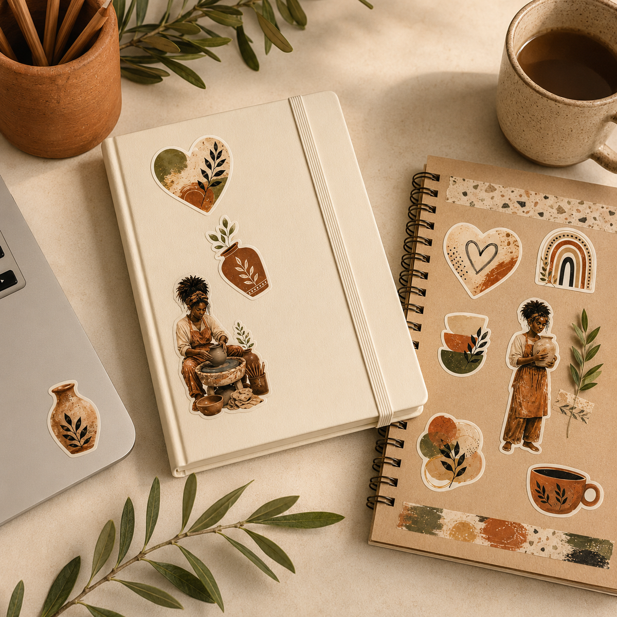 Earth and Clay pottery stickers used on journals, a scrapbook and laptop in a warm creative desk scene.