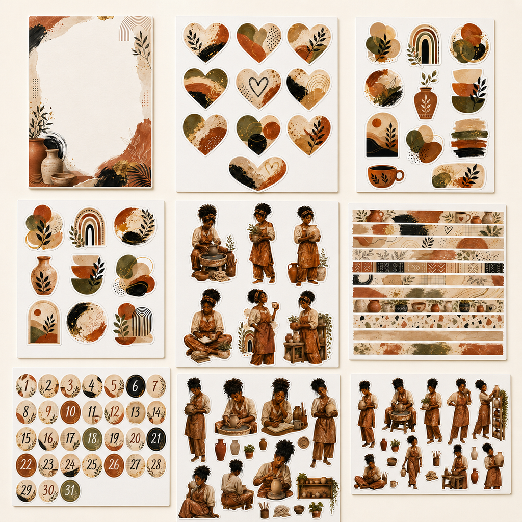 Clean overview of nine Earth and Clay sticker designs featuring pottery, botanicals, hearts, washi and date numbers.