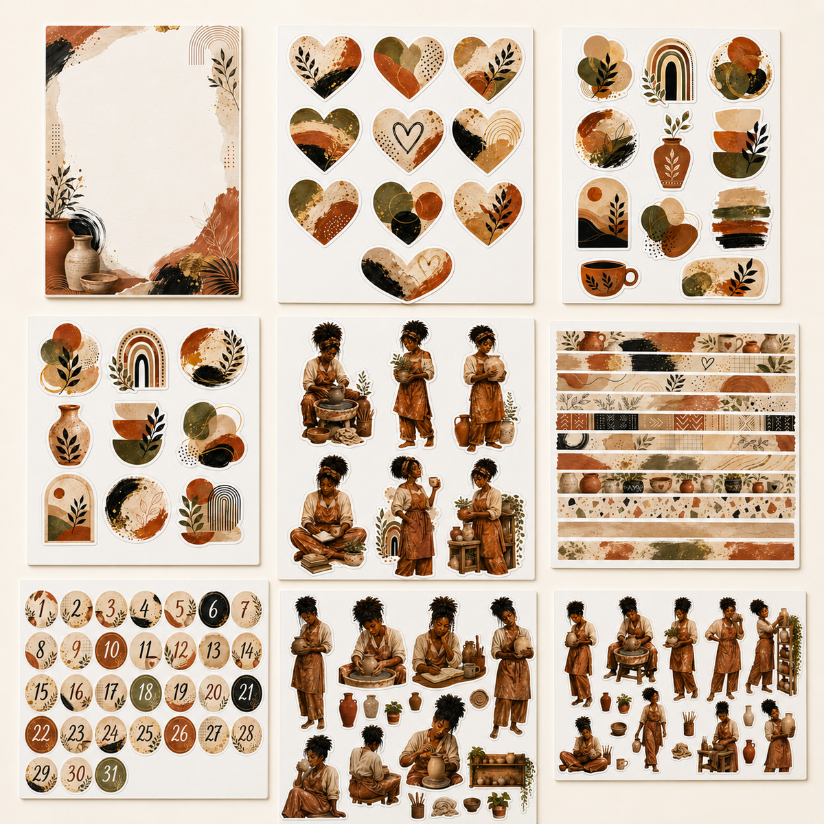 Clean overview of nine Earth and Clay sticker designs featuring pottery, botanicals, hearts, washi and date numbers.