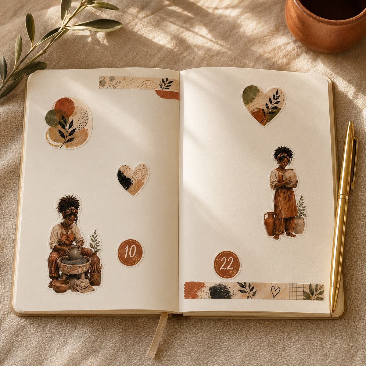 Earth and Clay pottery and botanical stickers decorating an open cream journal beside a gold pen.