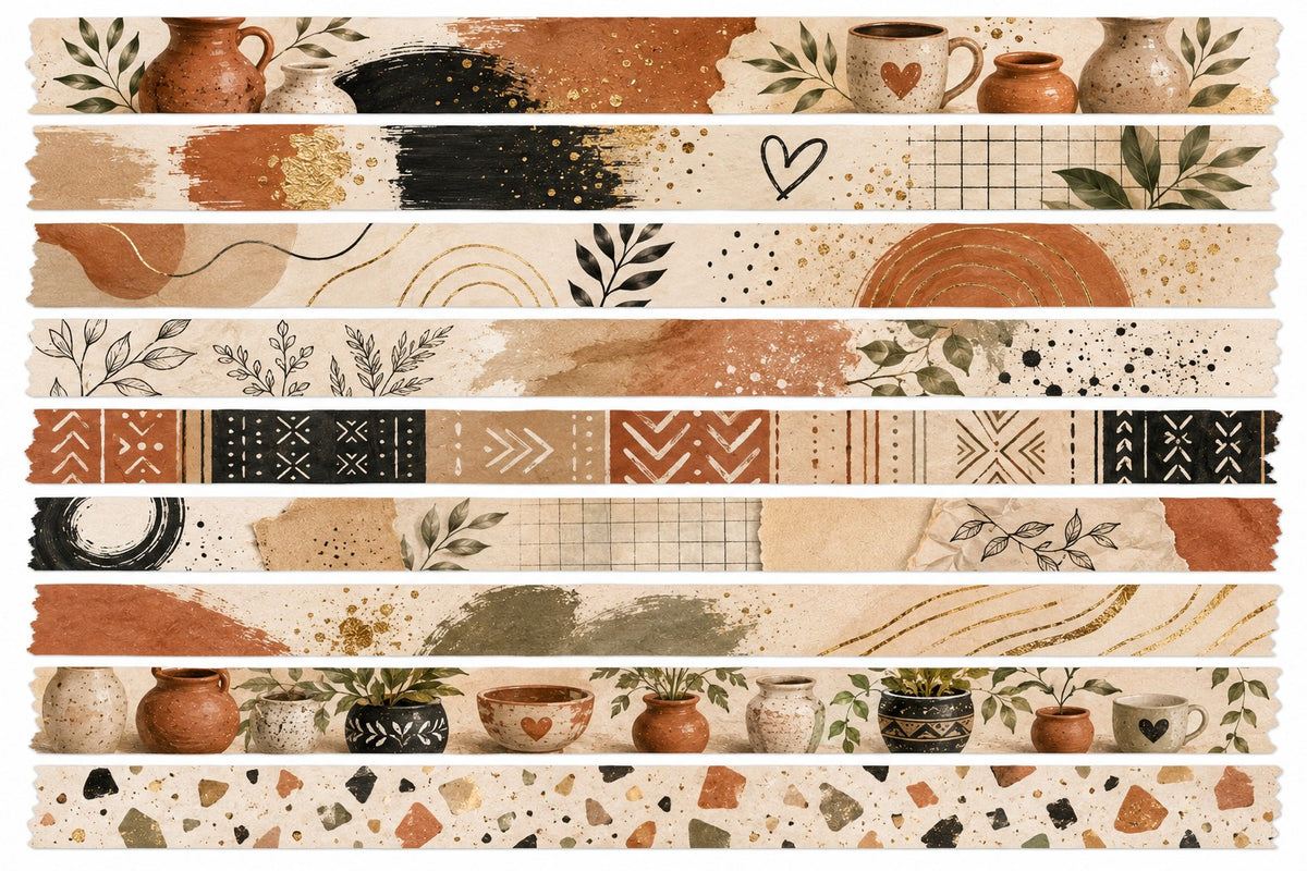 Earthy washi-style sticker strips with pottery, leaves, brushwork and geometric patterns.