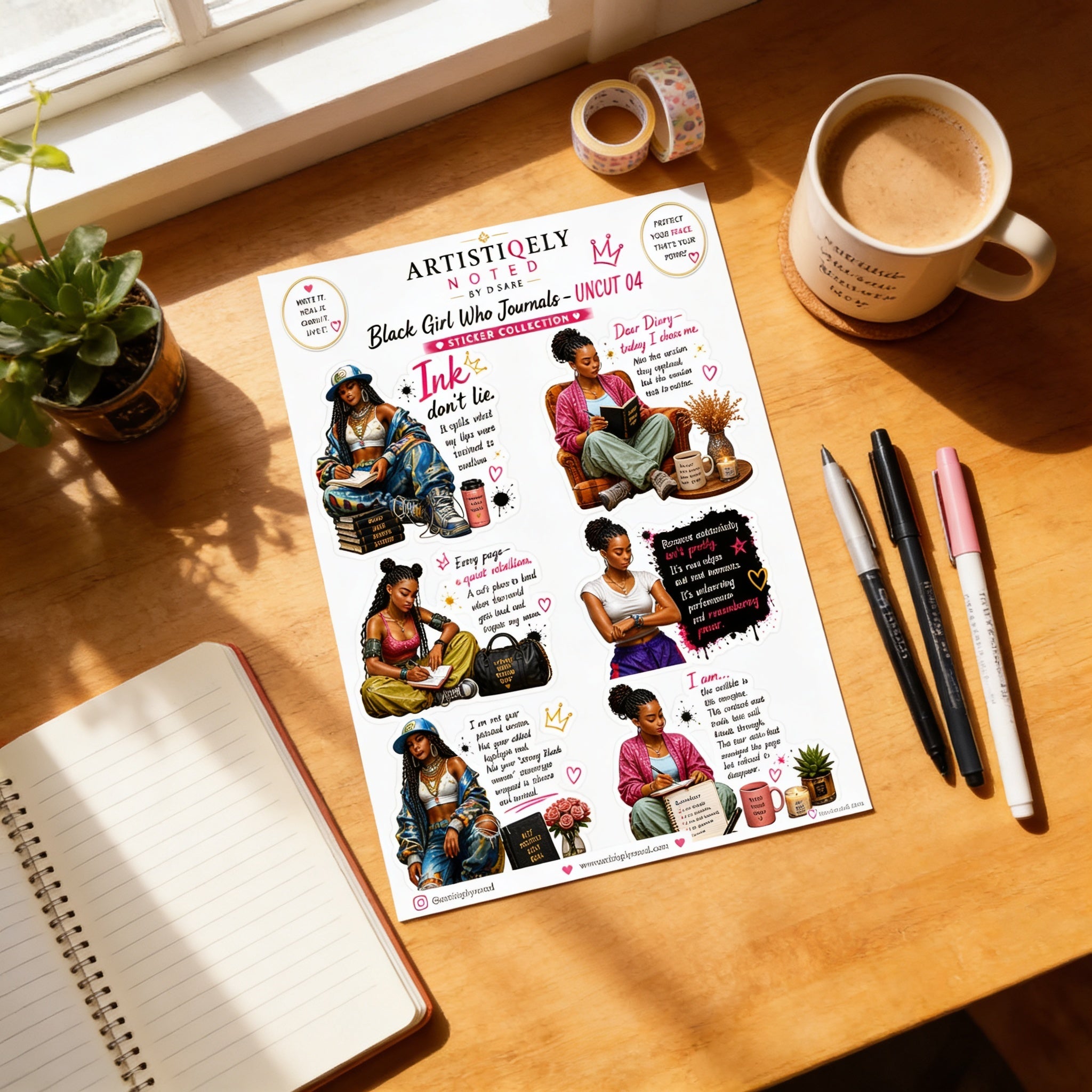 a poster with illustrations and text, accompanied by a notebook, pens, and a coffee cup on a wooden surface.