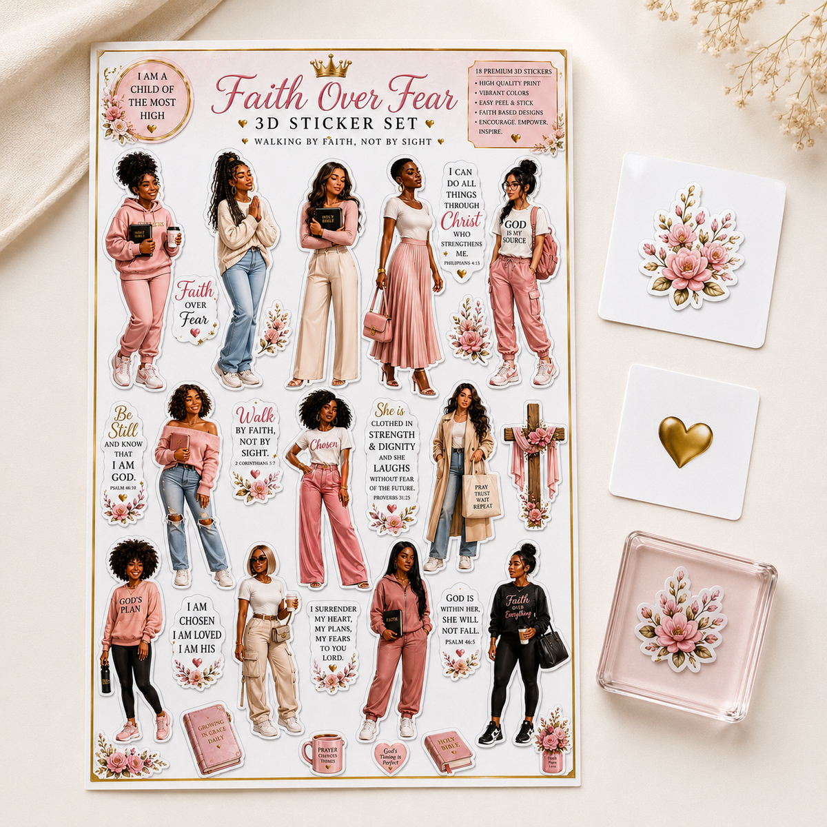 Faith Over Fear sticker sheet shown with floral samples on glossy paper, white vinyl and transparent vinyl surfaces.