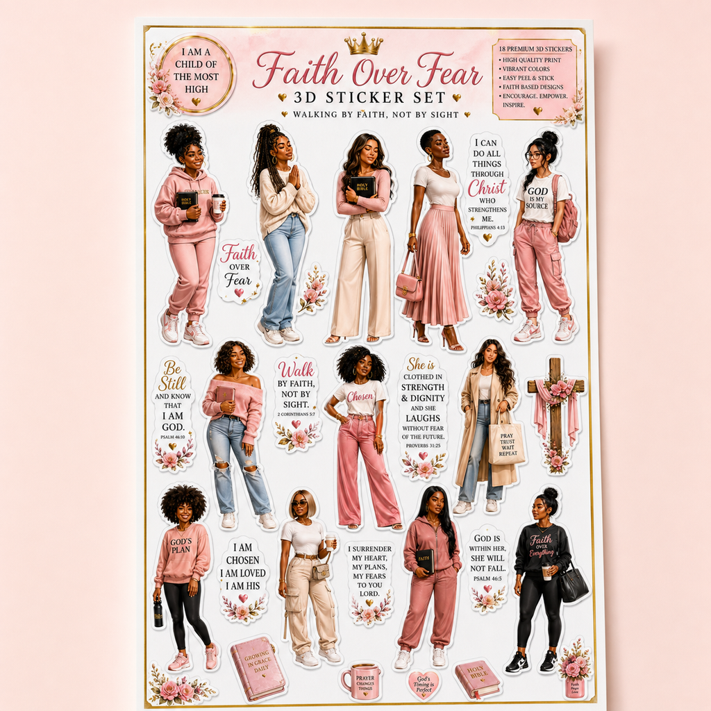 Front view of the Faith Over Fear 18-piece Christian affirmation sticker set.