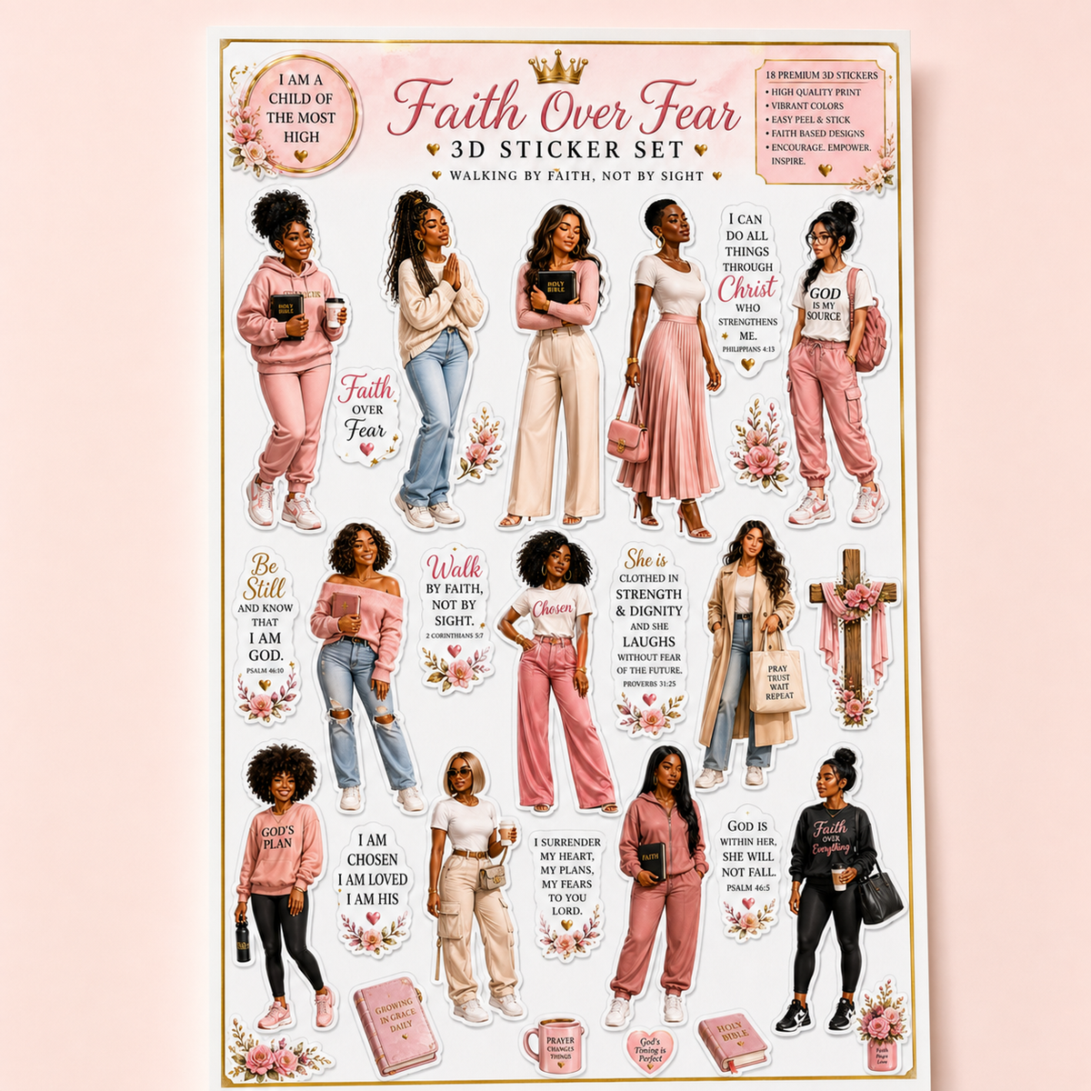 Front view of the Faith Over Fear 18-piece Christian affirmation sticker set.