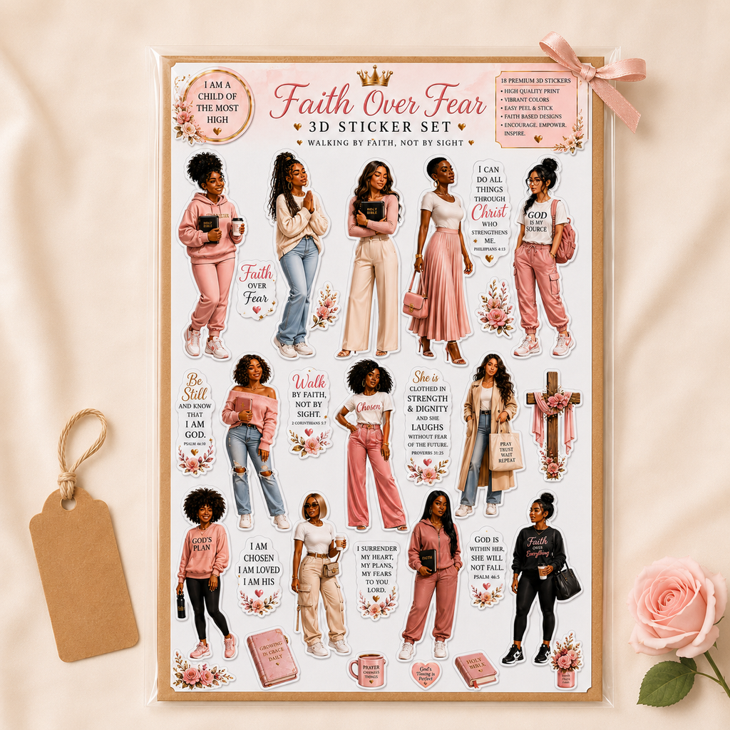 Faith Over Fear sticker sheet in clear gift-ready packaging with kraft backing and a pink ribbon bow.