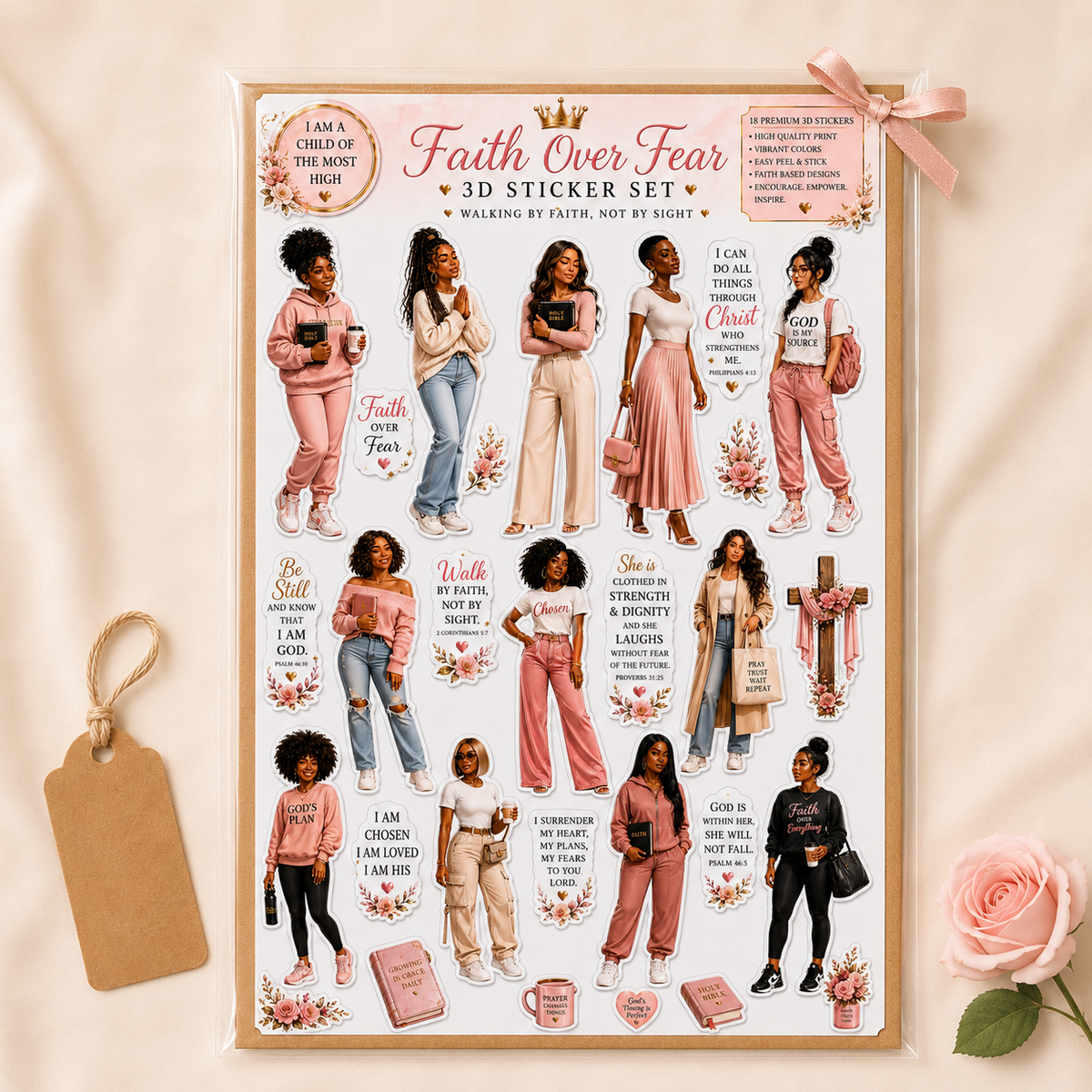 Faith Over Fear sticker sheet in clear gift-ready packaging with kraft backing and a pink ribbon bow.
