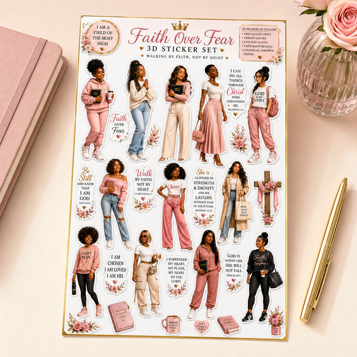 Faith Over Fear Christian sticker sheet styled on a blush desk with a pink journal, gold pen and roses.
