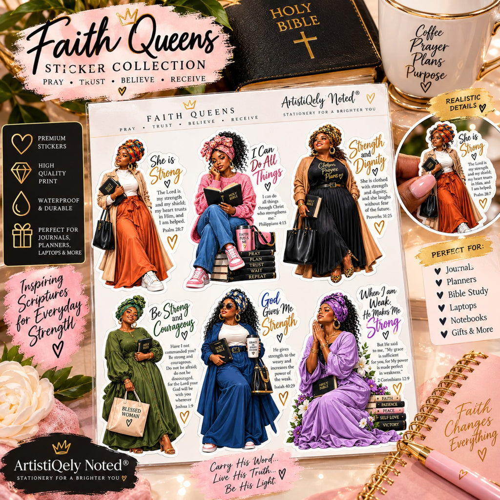 Faith Queens six Black women scripture stickers in orange, pink, black, green, blue and lavender outfits