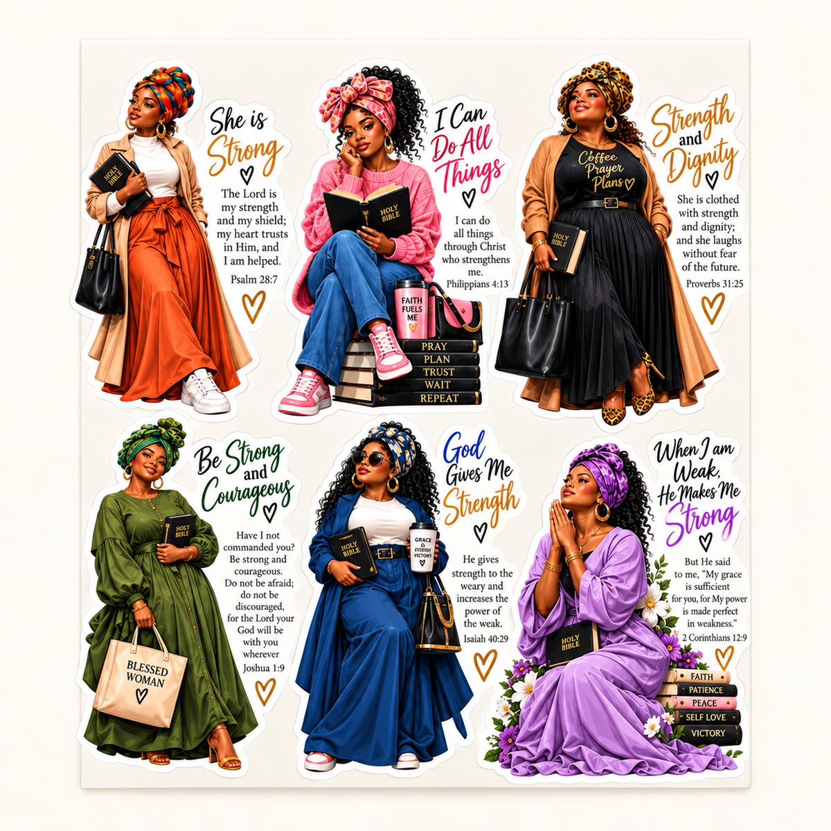 Clean front view of all six Faith Queens Black women scripture sticker designs on ivory