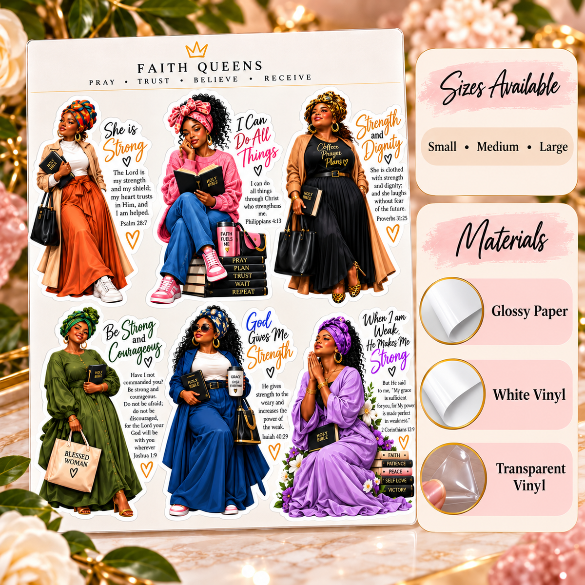 Faith Queens options guide showing Small, Medium, Large and Glossy Paper, White Vinyl, Transparent Vinyl