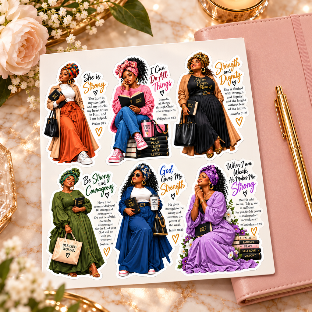 Faith Queens six-design scripture sticker sheet presented beside blush journal and gold pen