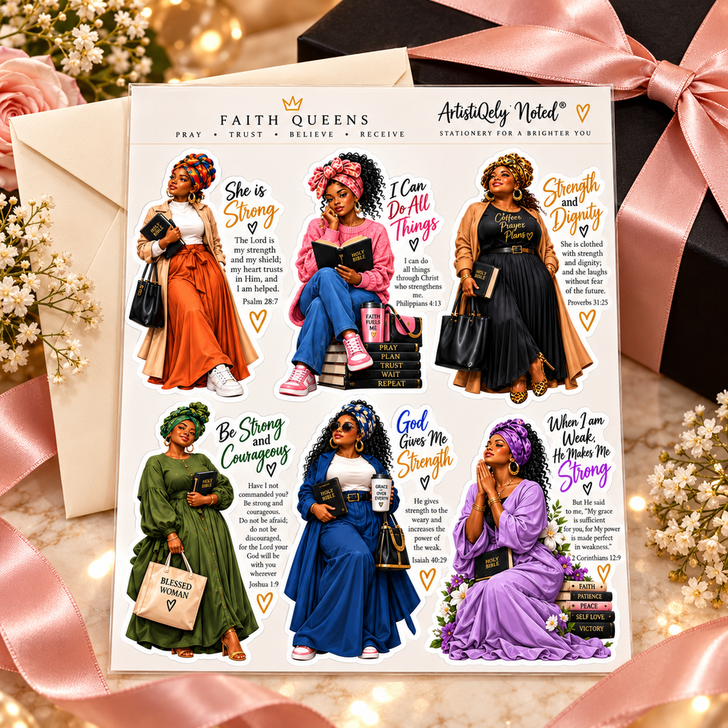 Faith Queens six-design scripture sticker set styled with cream envelope, blush ribbon and black gift box