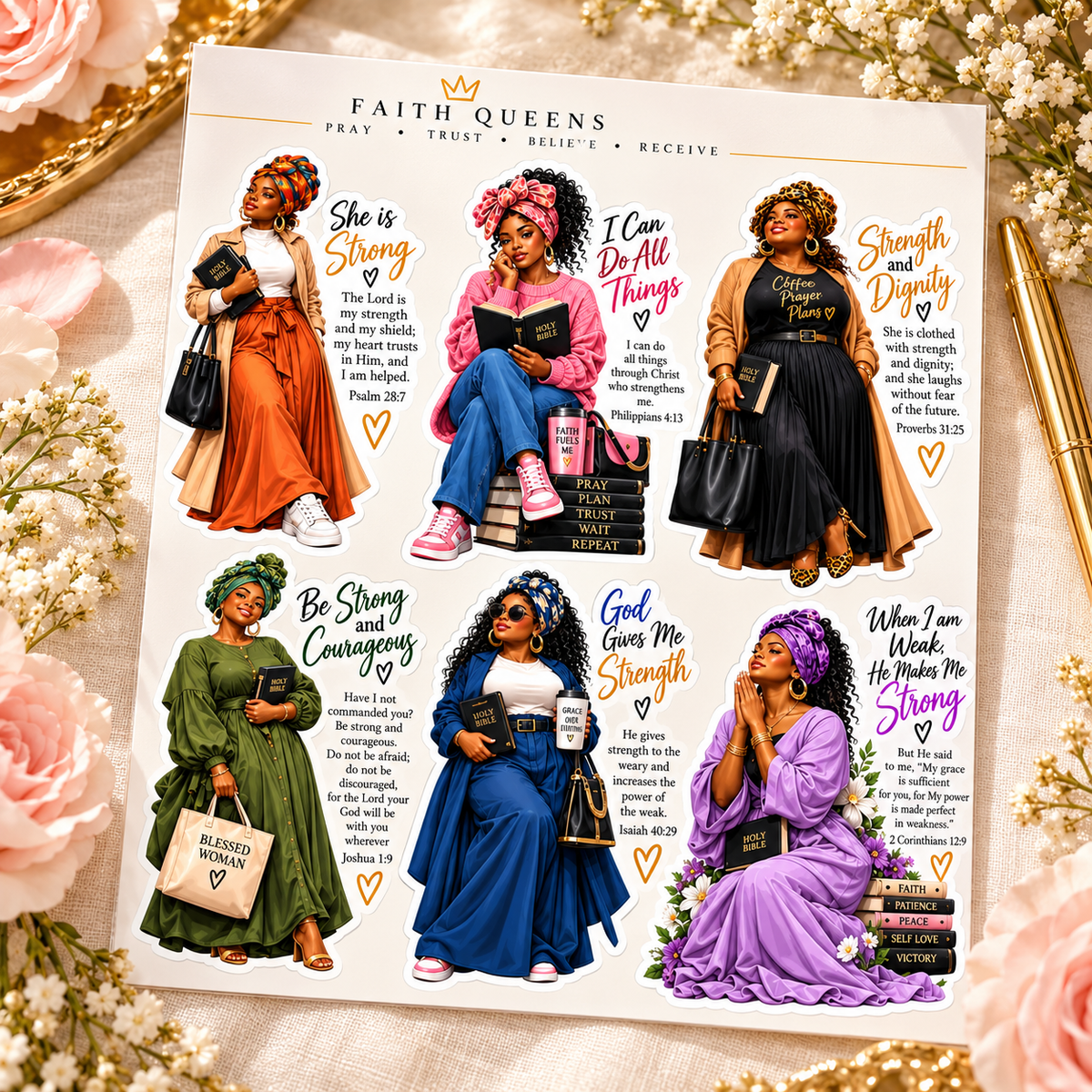 Faith Queens six Black women scripture stickers styled on cream linen with blush flowers and gold pen