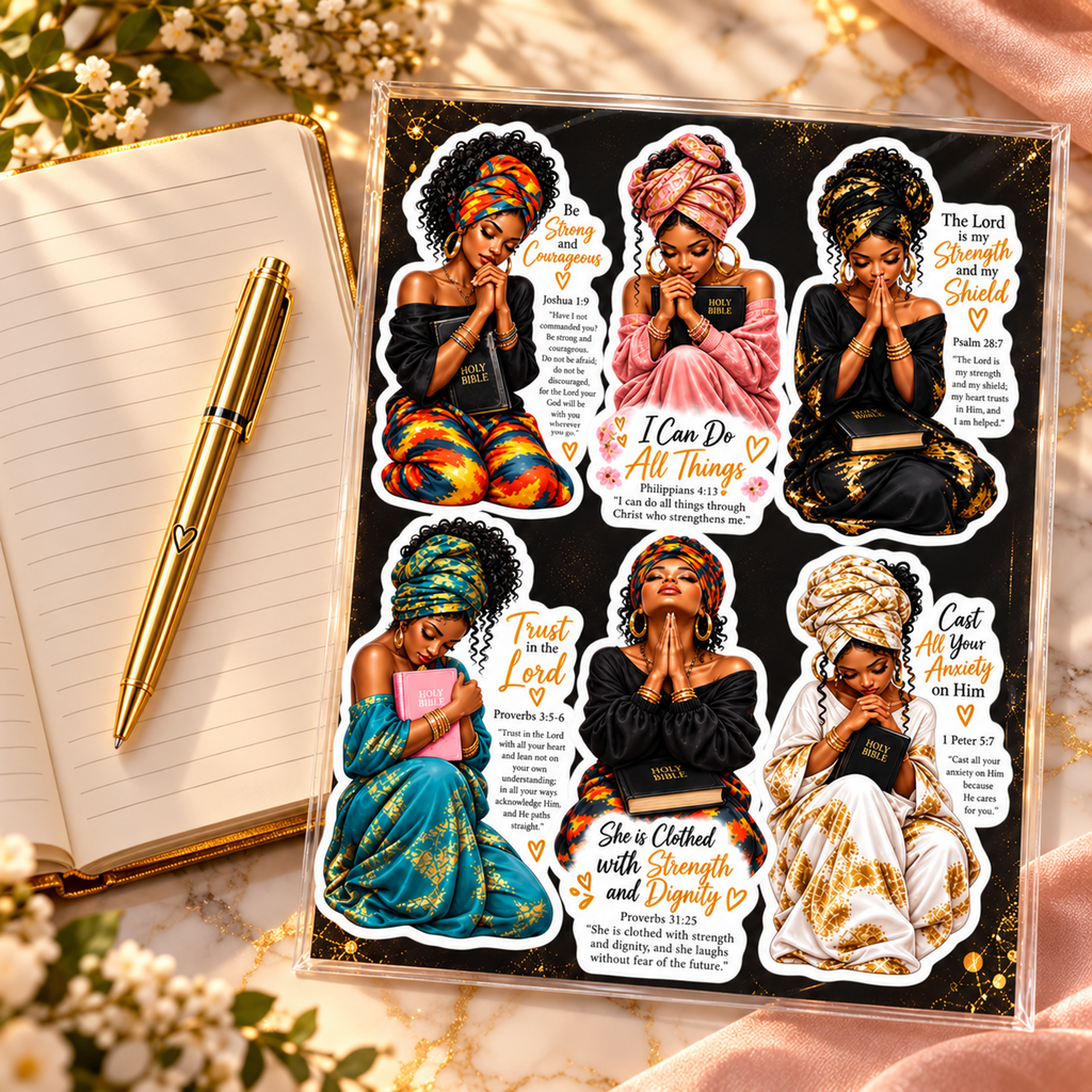 Faith Sisters six scripture sticker designs beside an open cream prayer journal and gold pen