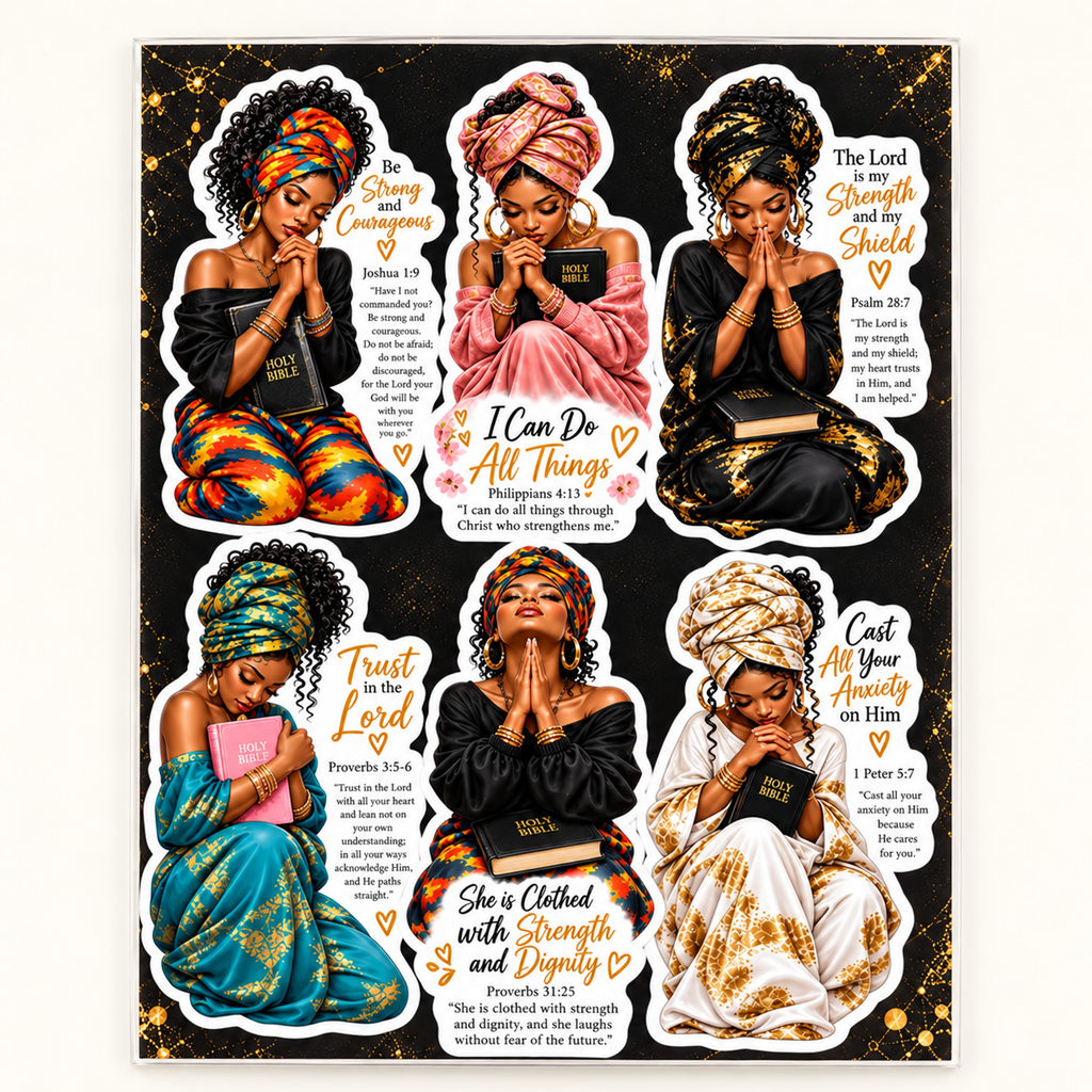 Front view of six Faith Sisters scripture stickers with praying Black women on black and gold backing