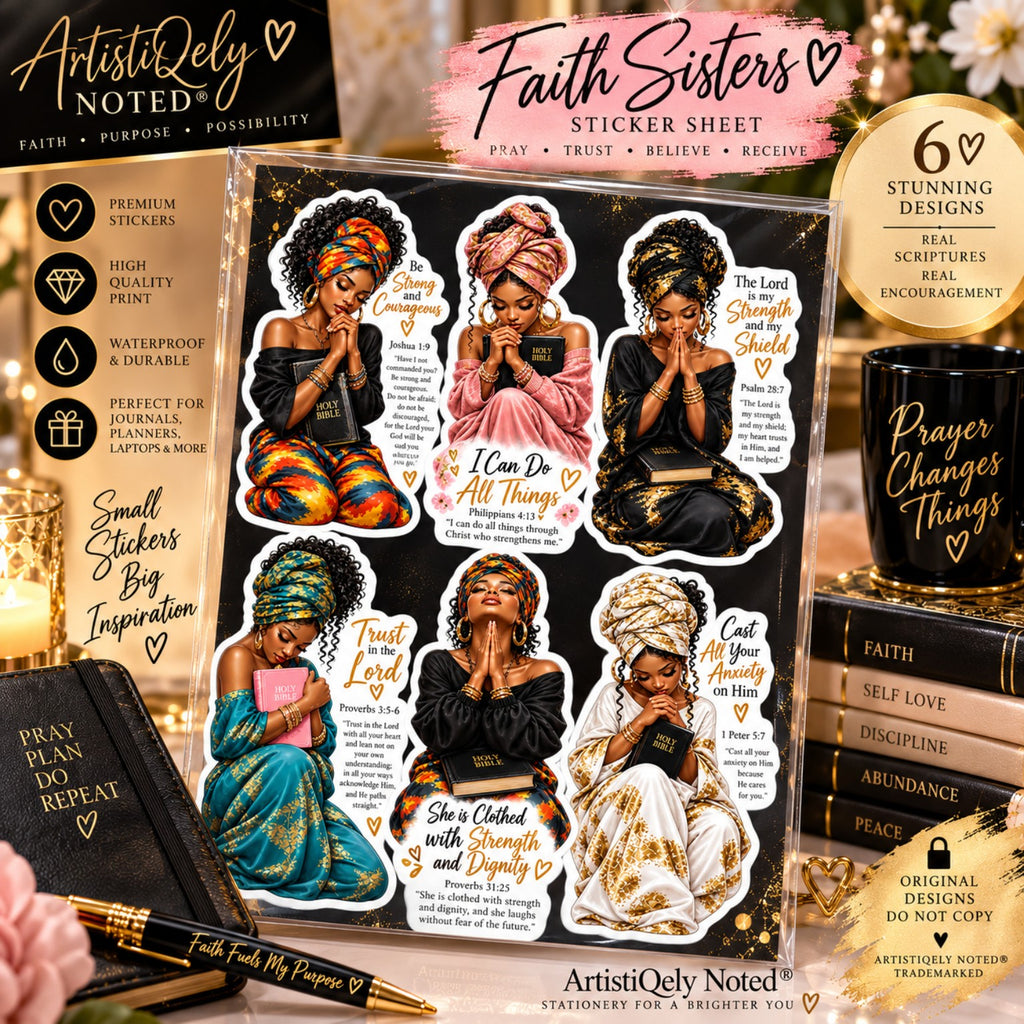 Faith Sisters six scripture sticker designs featuring praying Black women in colourful headwraps and gold details
