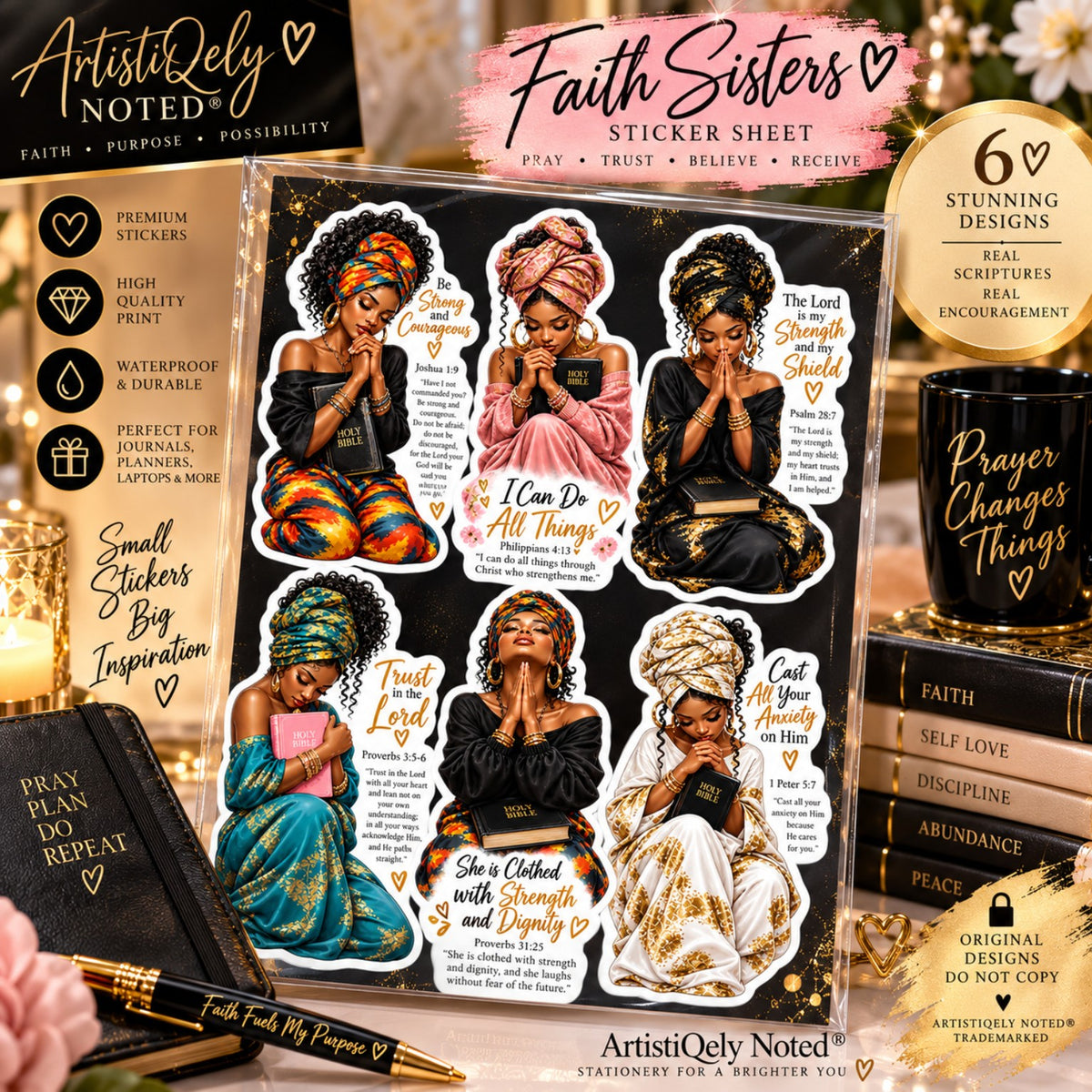 Faith Sisters six scripture sticker designs featuring praying Black women in colourful headwraps and gold details