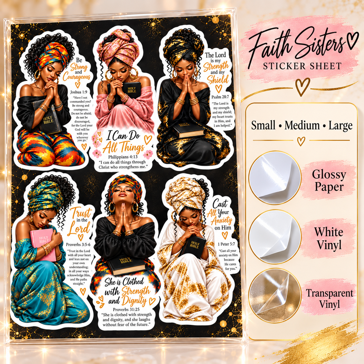 Faith Sisters sticker sheet options: Small, Medium, Large; Glossy Paper, White Vinyl and Transparent Vinyl