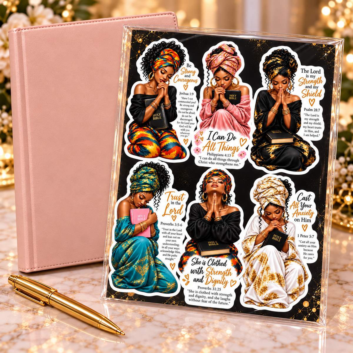 Faith Sisters six-design scripture sticker sheet beside a plain blush journal and gold pen