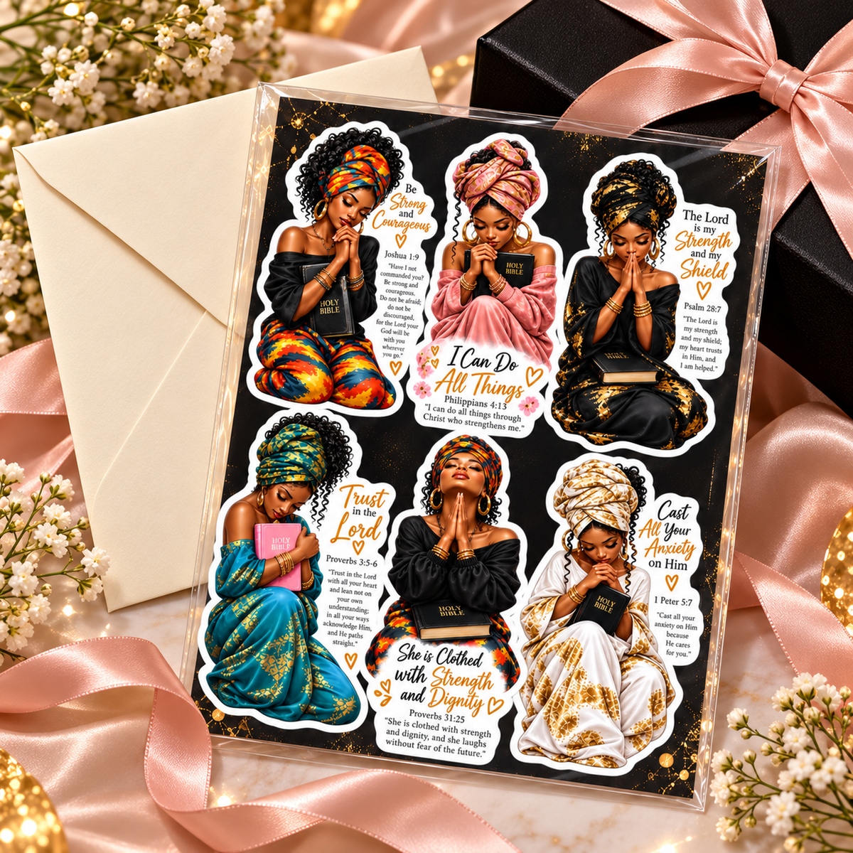 Six Faith Sisters scripture stickers styled with cream envelope, blush ribbon and black gift box