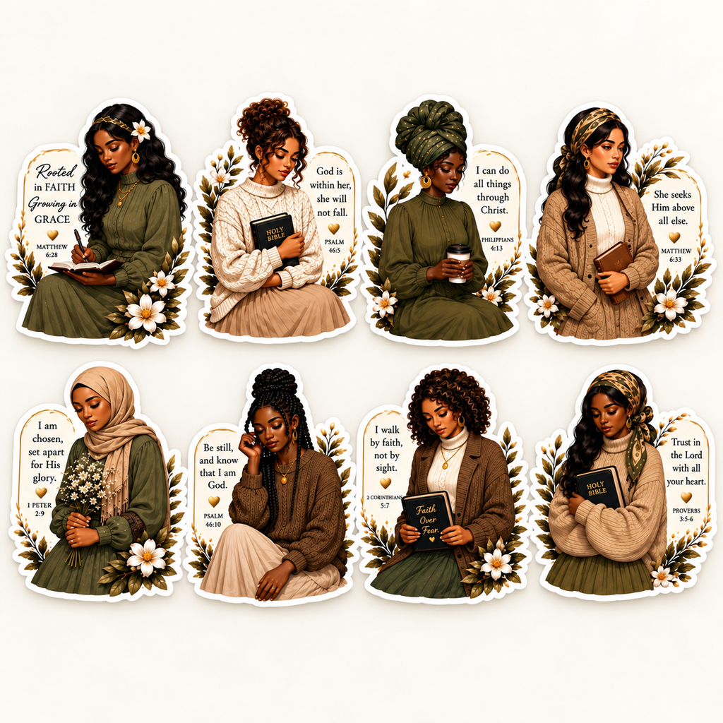 All eight Faithful Women stickers on ivory with attached Christian message panels and cream floral details