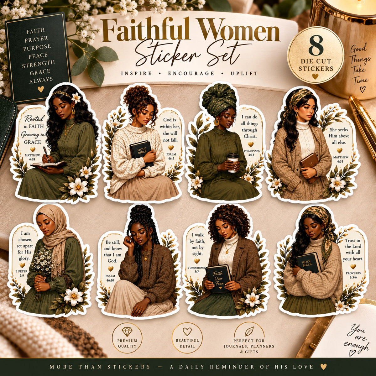 Faithful Women set of eight die-cut woman stickers with Christian encouragement, Bible references, cream flowers and olive foliage