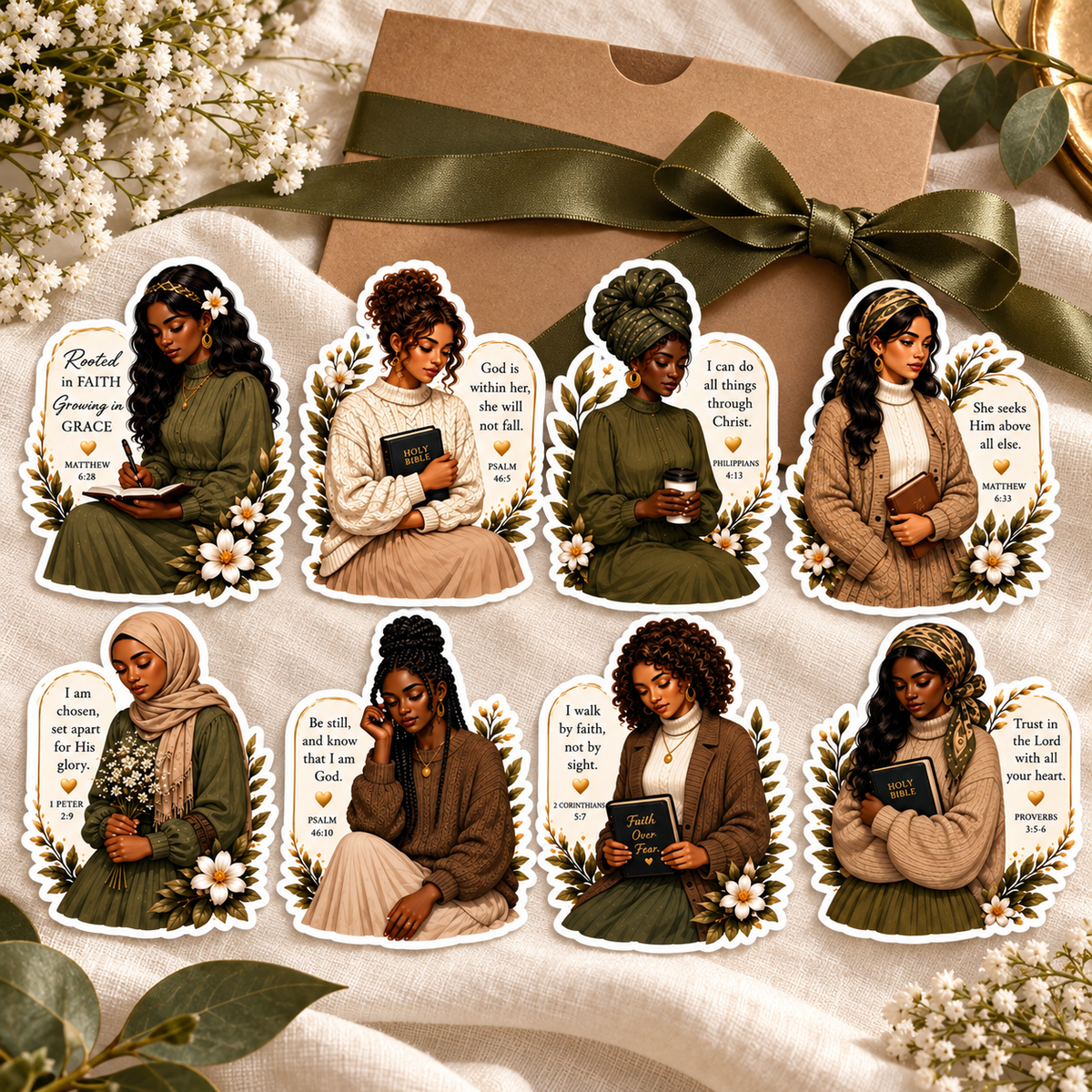 Eight Faithful Women stickers styled with kraft packaging and olive ribbon on cream linen