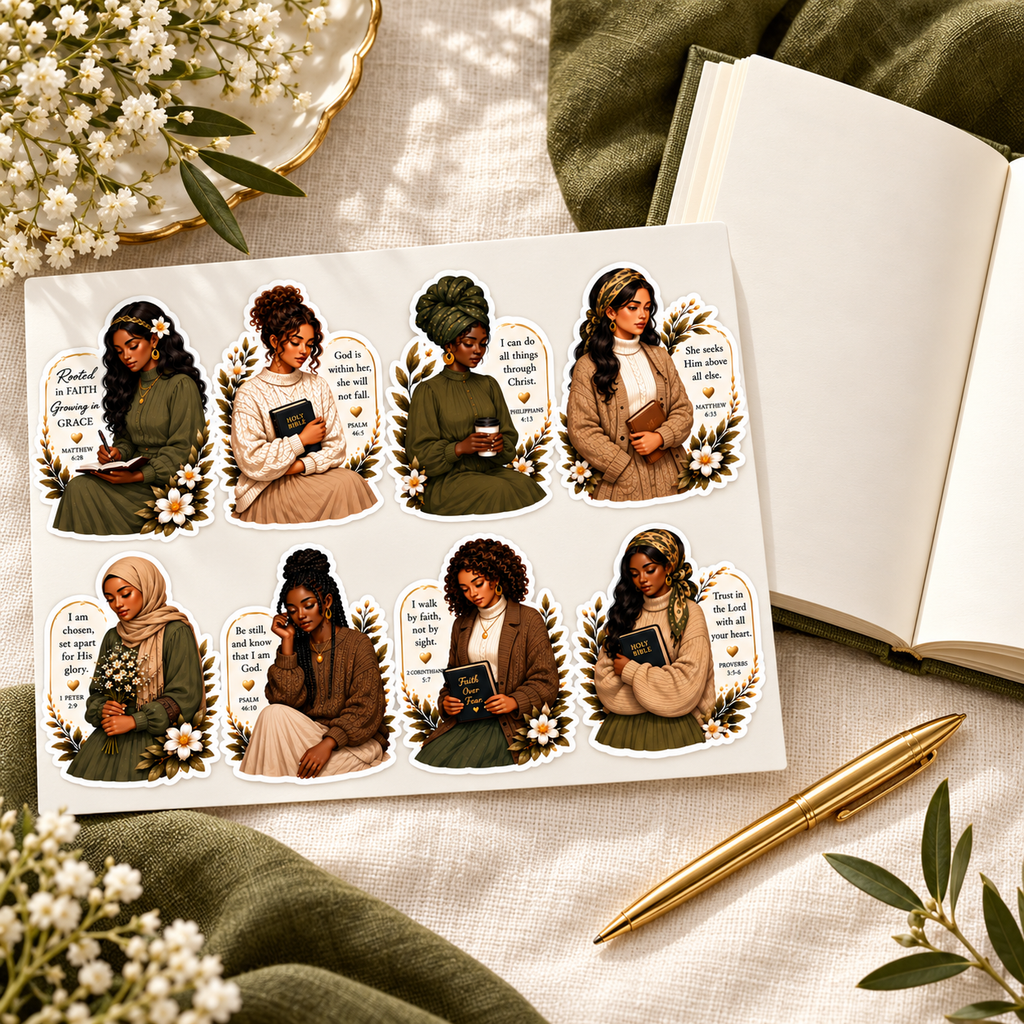 Complete eight-design Faithful Women sticker set displayed beside an open journal, gold pen and olive fabric
